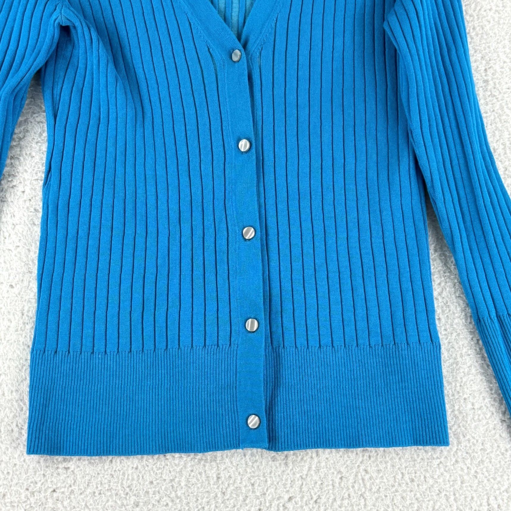 Boston Proper Boston Proper Cardigan Womens Medium Blue Ribbed Button-Up V-Neck Stretch LS Size M / US 6-8 / IT 42-44 - 4 Thumbnail