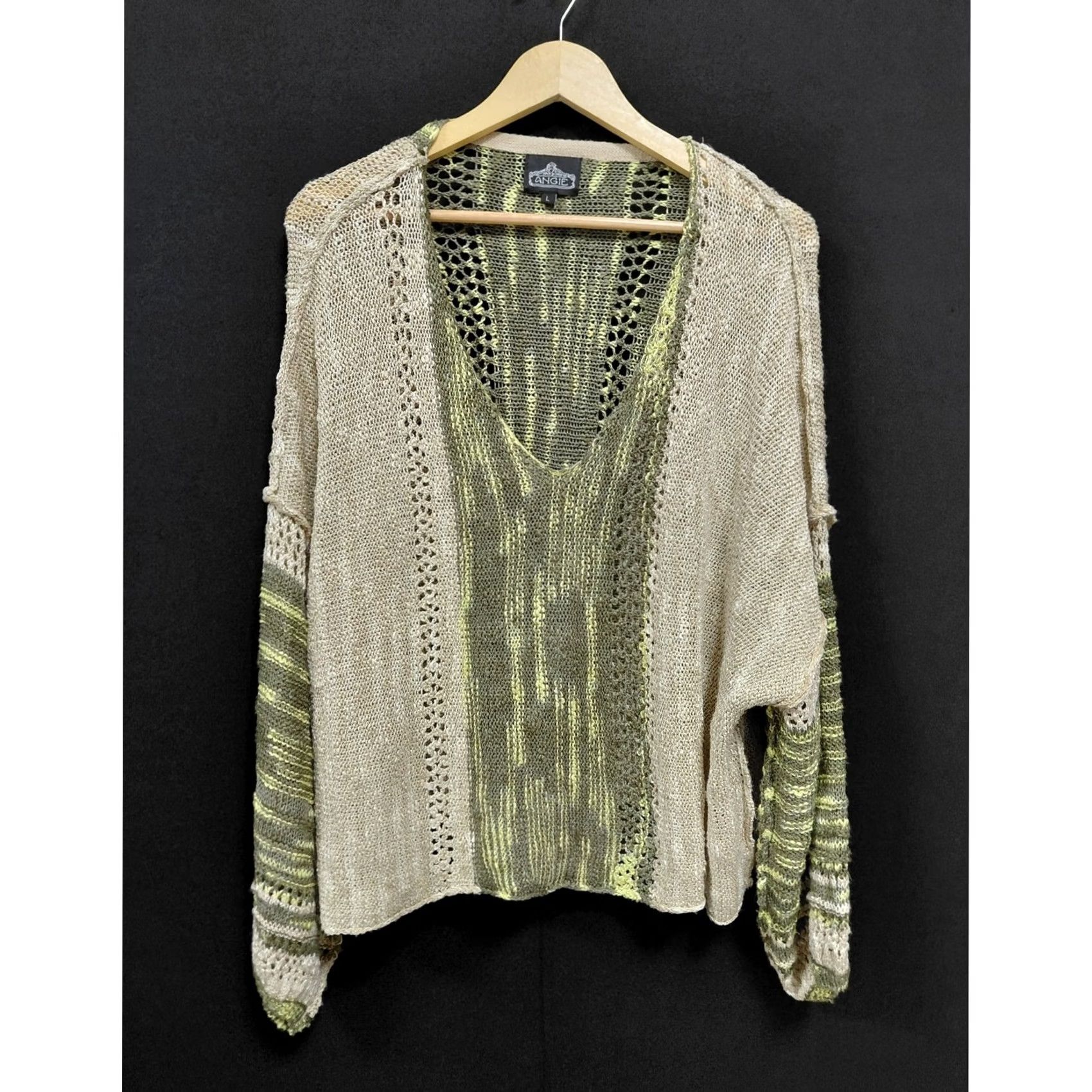 Vintage Angie Cardigan Beige Green Solid Long Sleeve L Women Size L / US 10 / IT 46 - 2 Thumbnail
