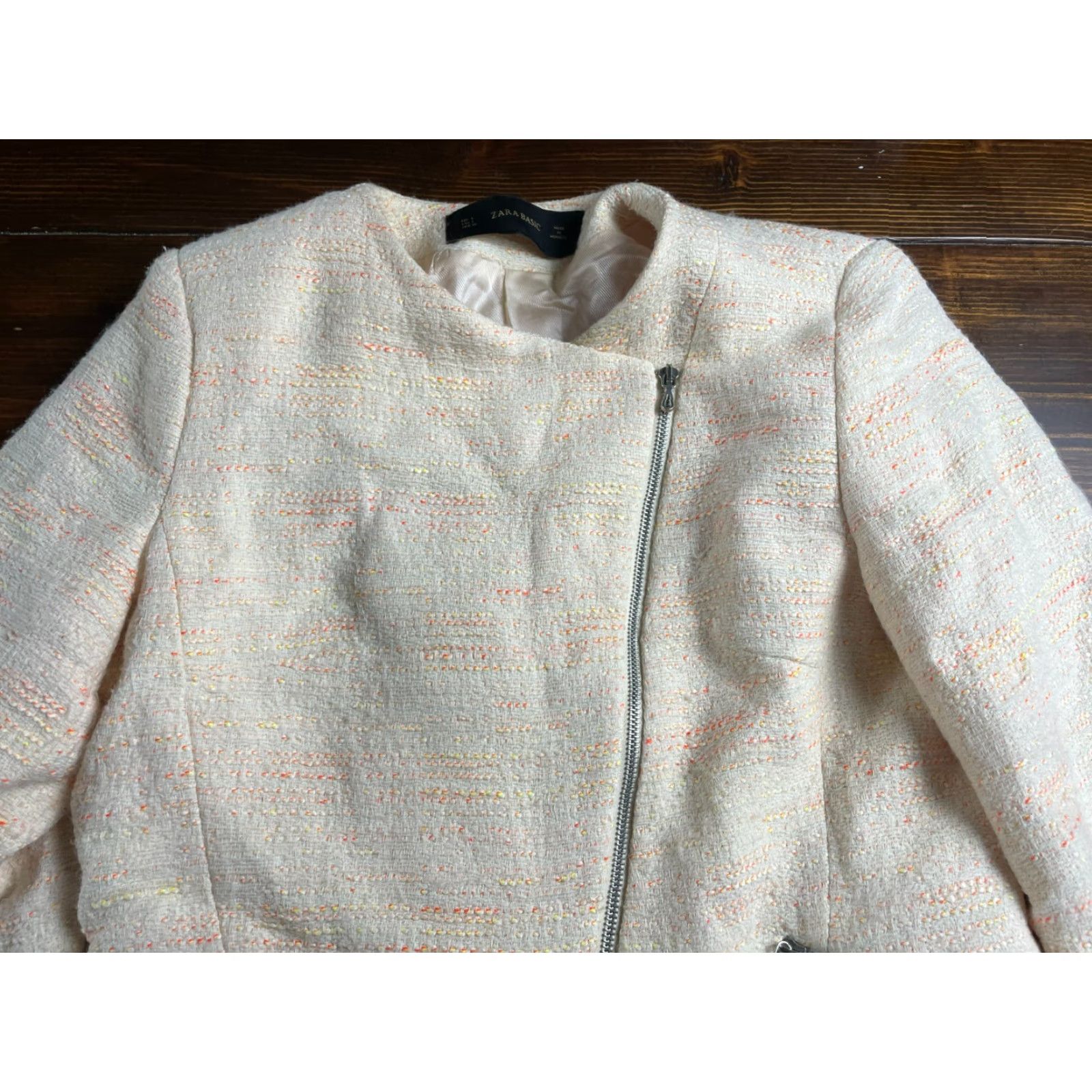 Zara Zara Jacket Women's Size L Casual Travel Cotton Blend Zip Asymmetrical Neck Yellow Cream Neon Orange Yellow Regular Long Sleeve Jacket Size L / US 10 / IT 46 - 3 Thumbnail