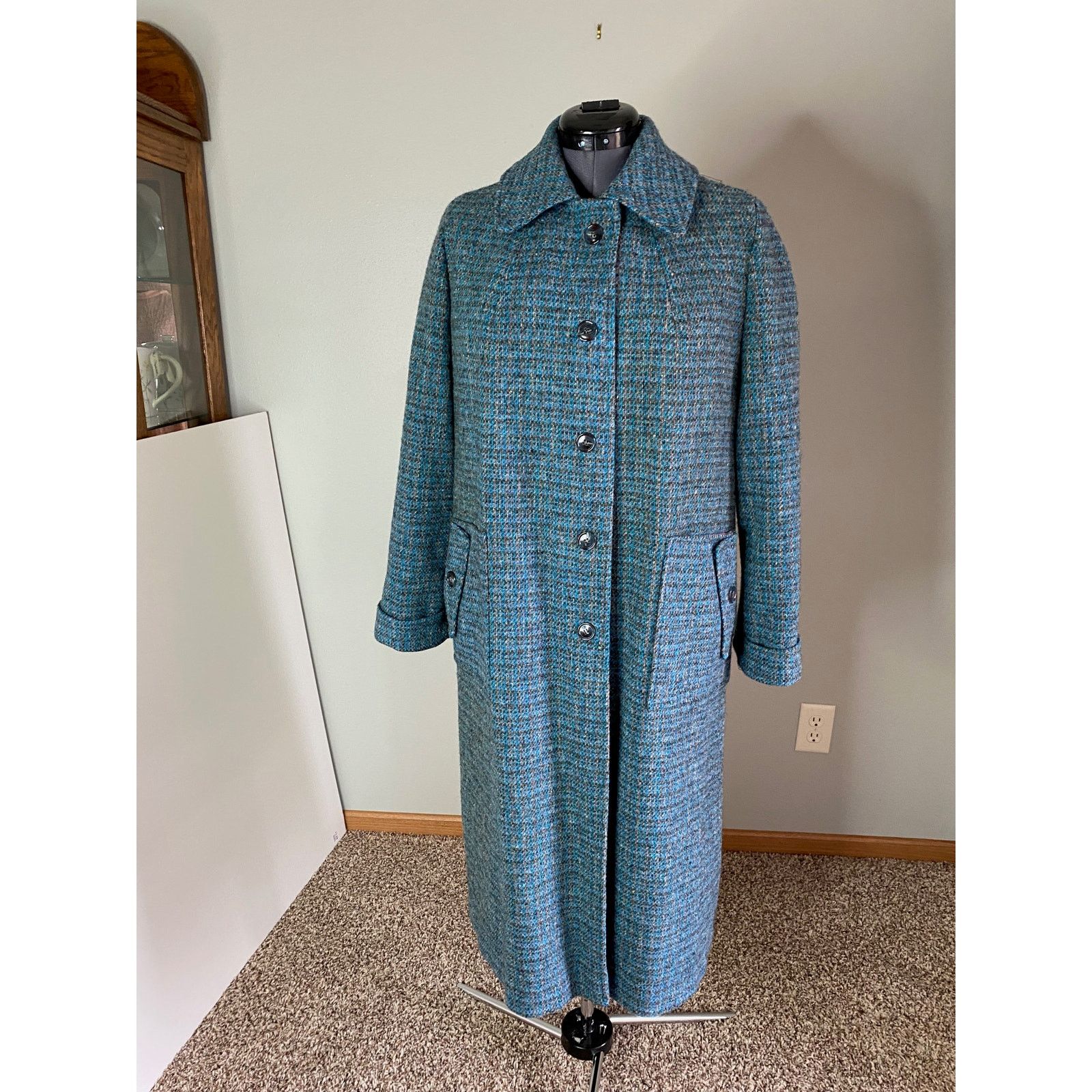 Vintage swing coat plaid blue gray vintage wool 1970s Size L / US 10 / IT 46 - 1 Thumbnail