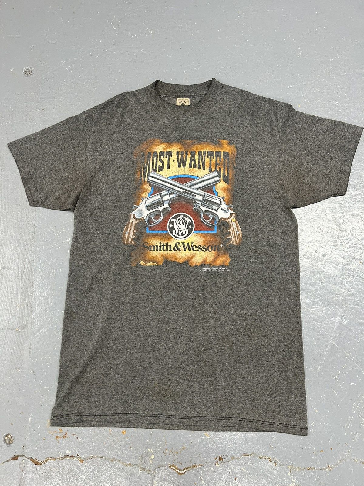 image of Harley Davidson x Vintage Crazy Vintage 3D Emblem Smith & Wesson Gun Graphic Tee Shirt in Grey (Siz