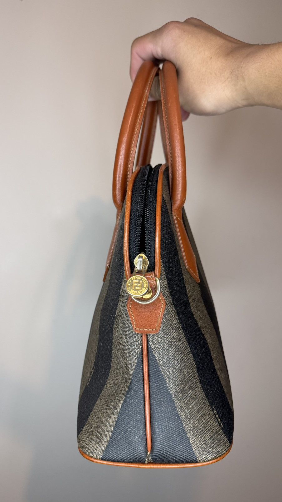 Fendi Fendi Brown Striped Pequin Canvas Dome Handbag with Leather Size ONE SIZE - 3 Thumbnail