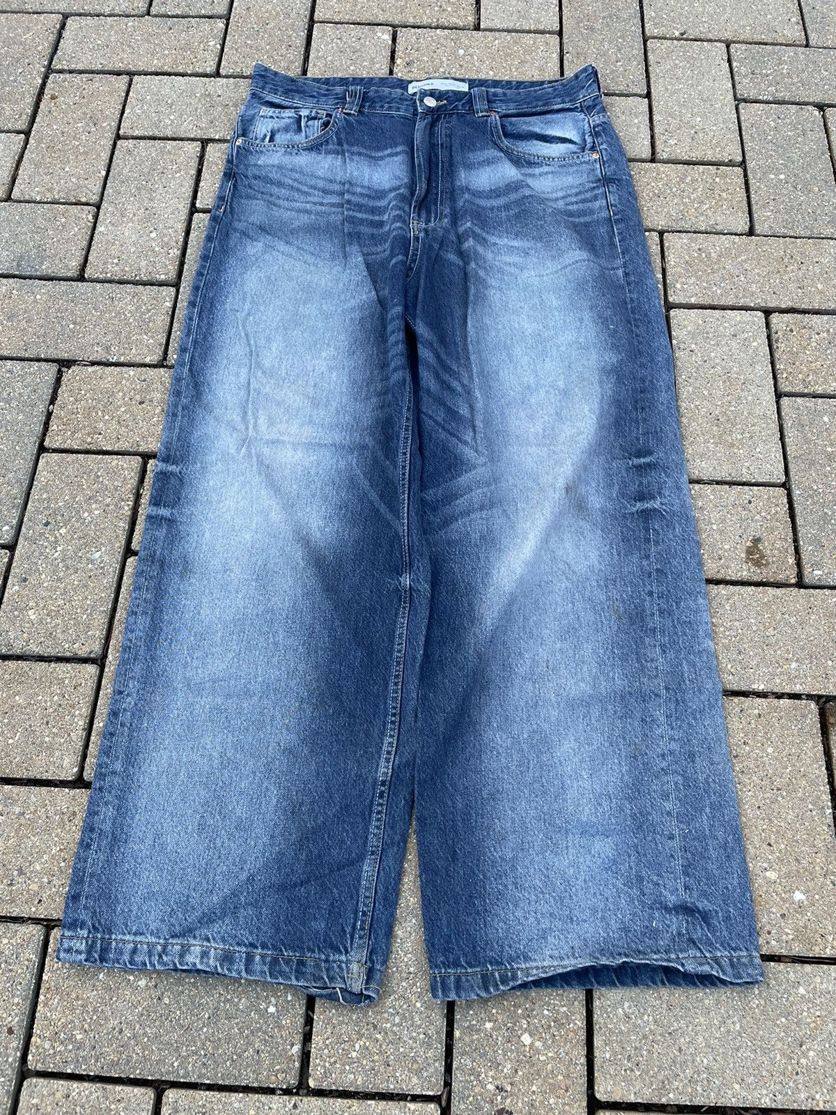 image of Bershka x Vintage Super Cool Faded Flared Baggy Jeans in Blue Fade, Men's (Size 36)