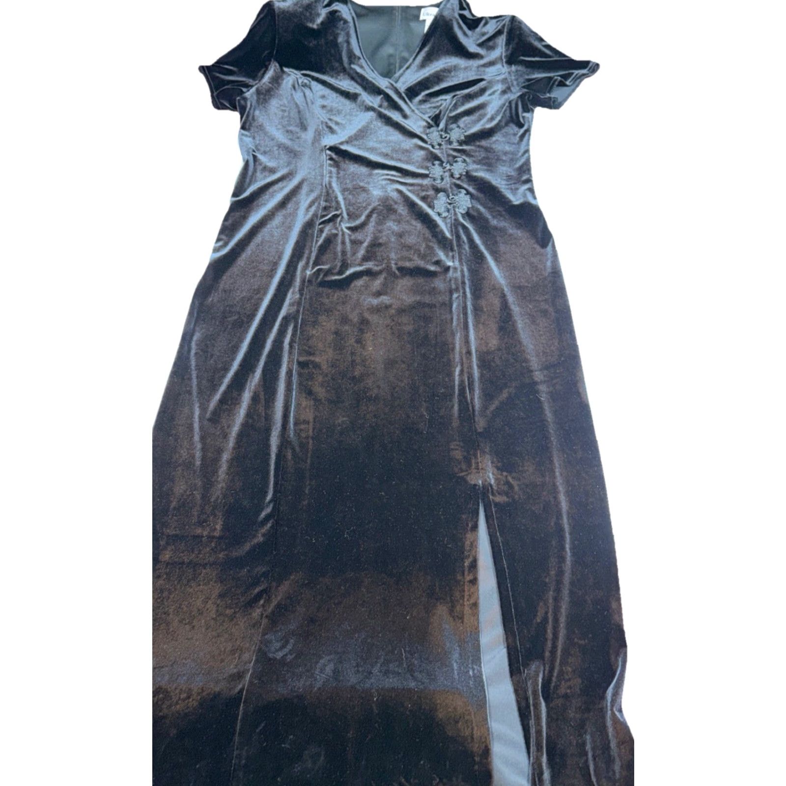 Velvet VINTAGE Black Velvet Gown Short Sleeve V-Neck Wrap Maxi Front Slit Women’s Size 14 Dresses Size 36" / US 14 / IT 50 - 2 Thumbnail
