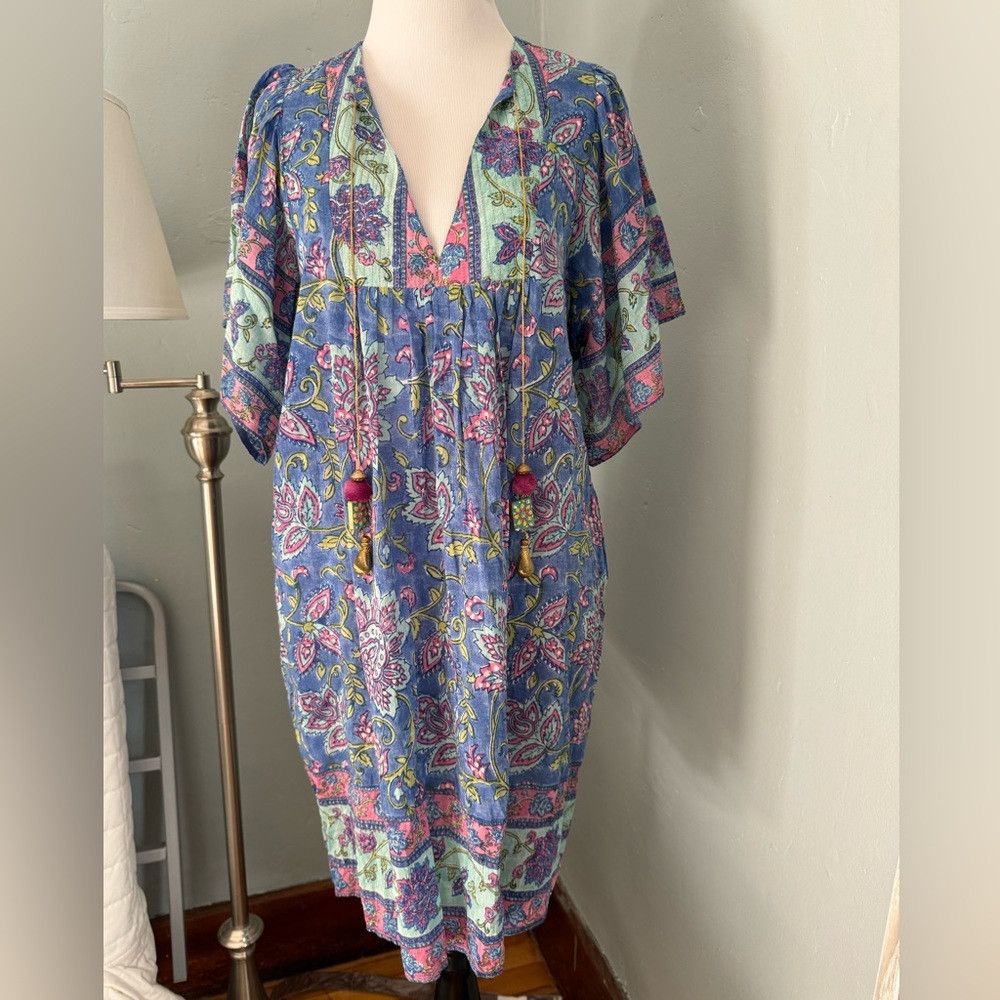 Alicia Bell Silk Cotton Tassel Coverup Mumu Dress blue Swim