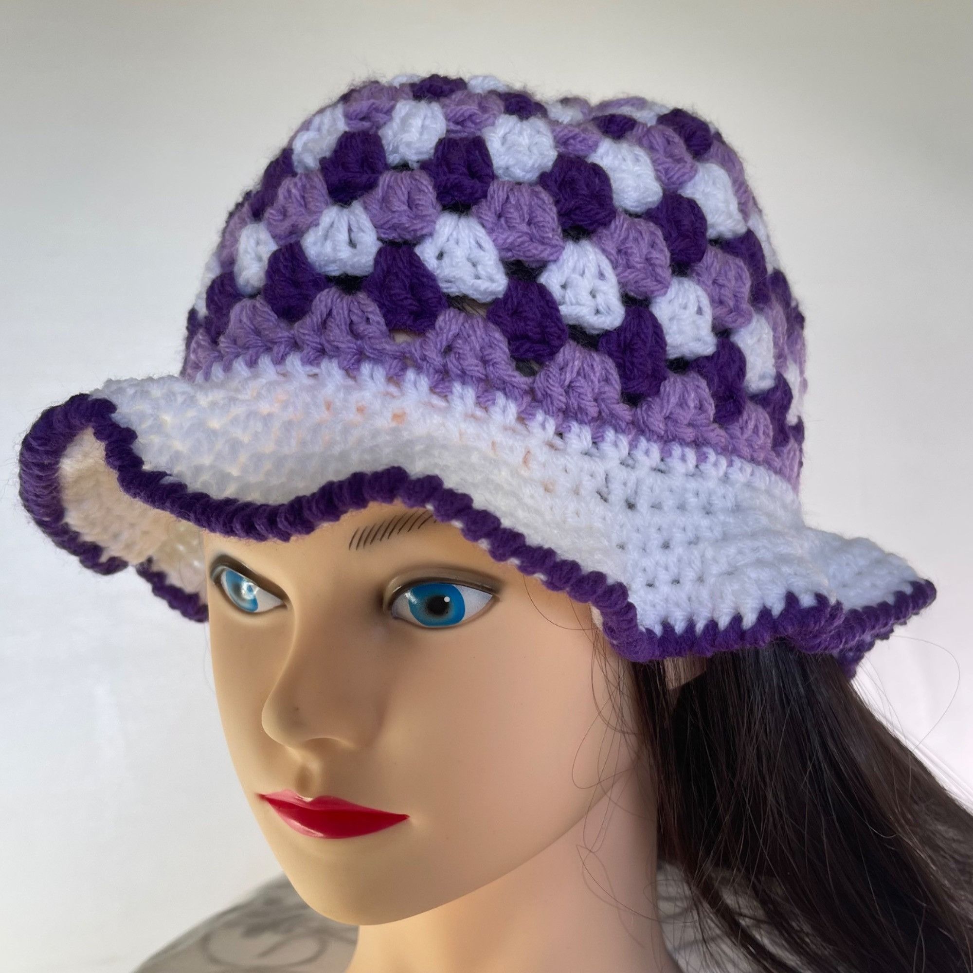 Handmade Crochet Bucket Hat Granny Square Pattern Purple and White Ad Size ONE SIZE - 1 Thumbnail