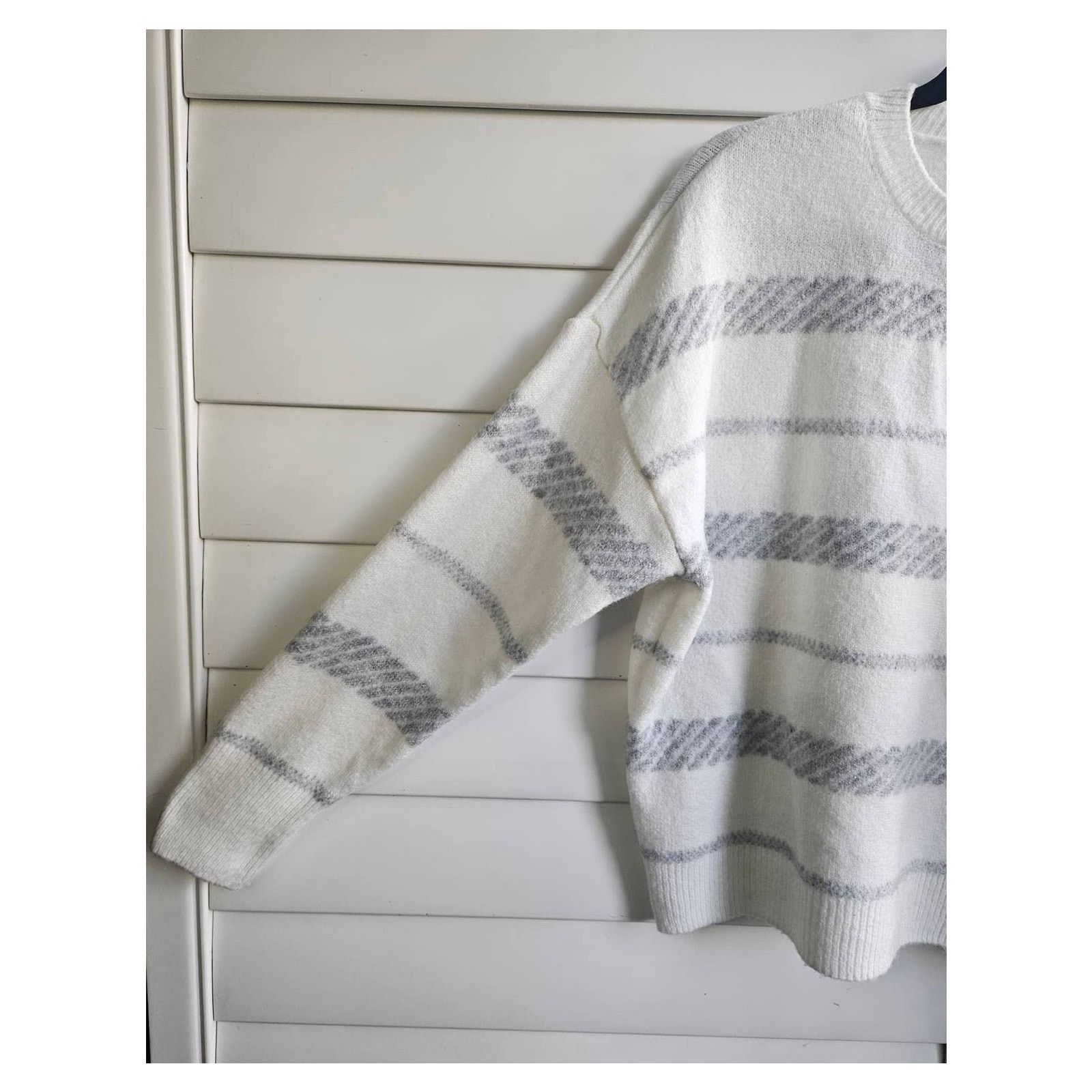 Topshop White & Grey Striped Crewneck Sweater Classic Pullover Knit Size M / US 6-8 / IT 42-44 - 8 Thumbnail