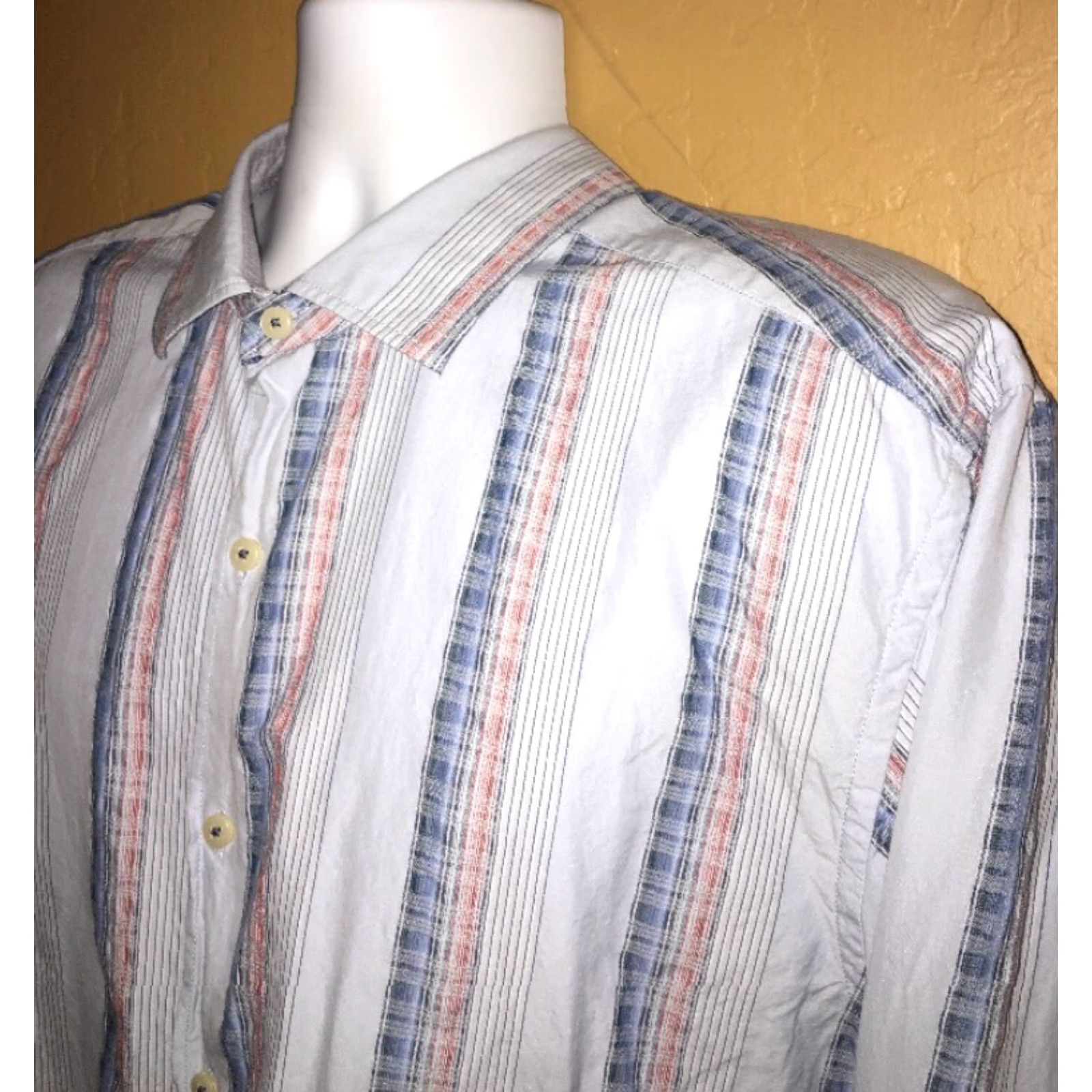 Tommy Bahama VINTAGE Tommy Bahama Shirt XL Men's Blue Long Sleeve Button-Front Silk Cotton Striped 24" Pit to Pit Size US XL / EU 56 / 4 - 2 Thumbnail