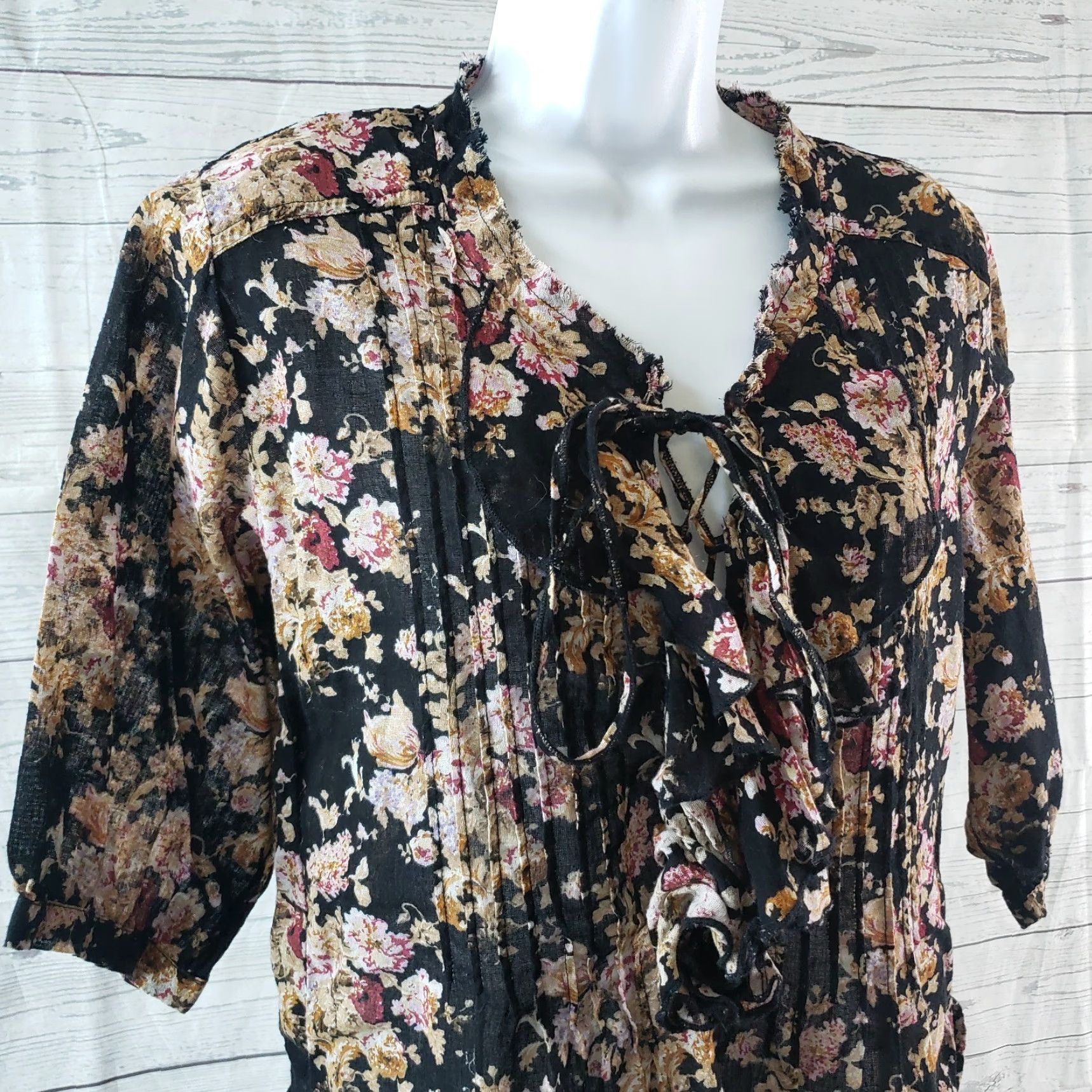 Vintage Denim & Supply Ralph Lauren Womens Blouse XS Black Floral Ruffle Semi Sheer Size XS / US 0-2 / IT 36-38 - 2 Thumbnail