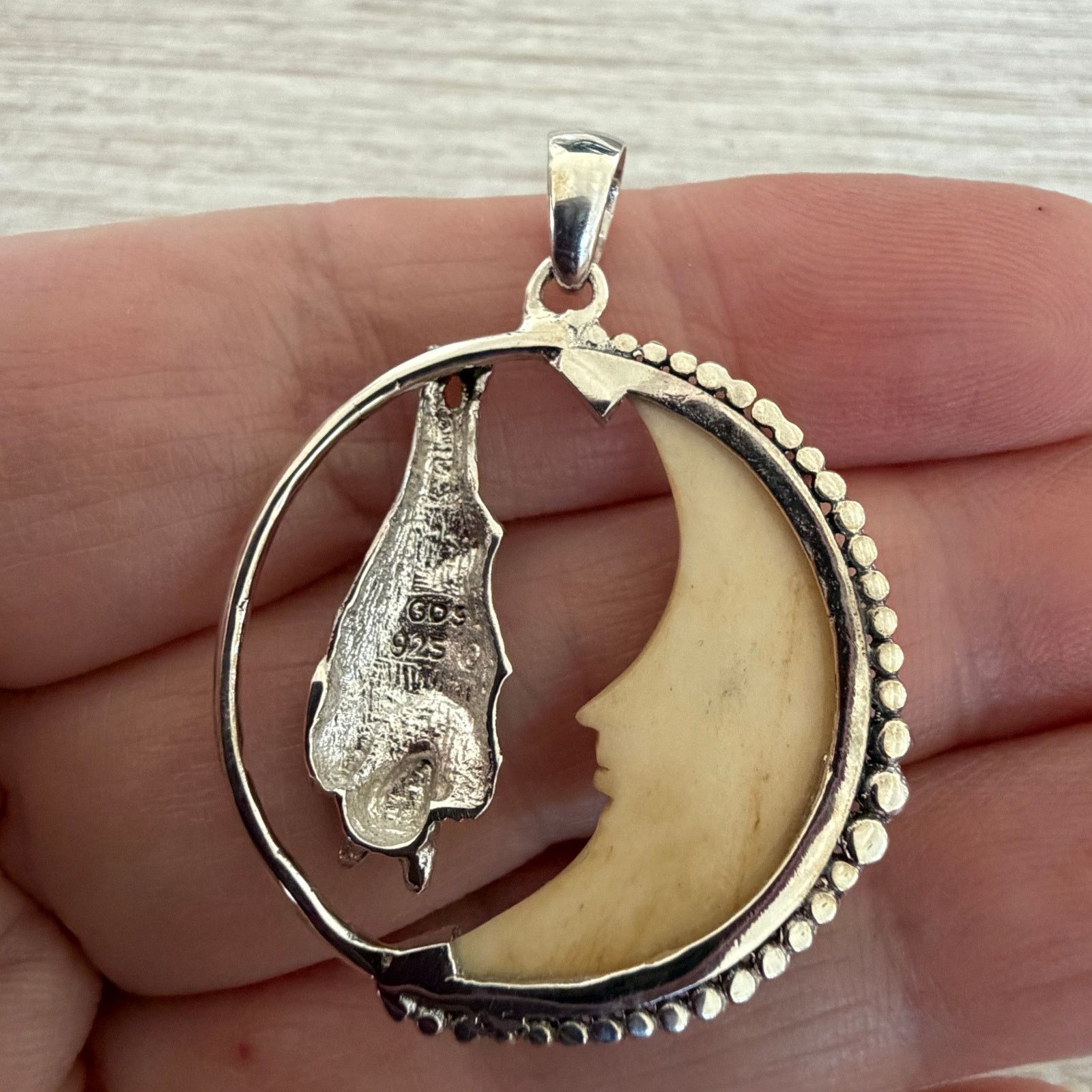 Other Sterling Silver Bat Moon Pendant Carved Tea Bone Gothic Size ONE SIZE - 6 Thumbnail