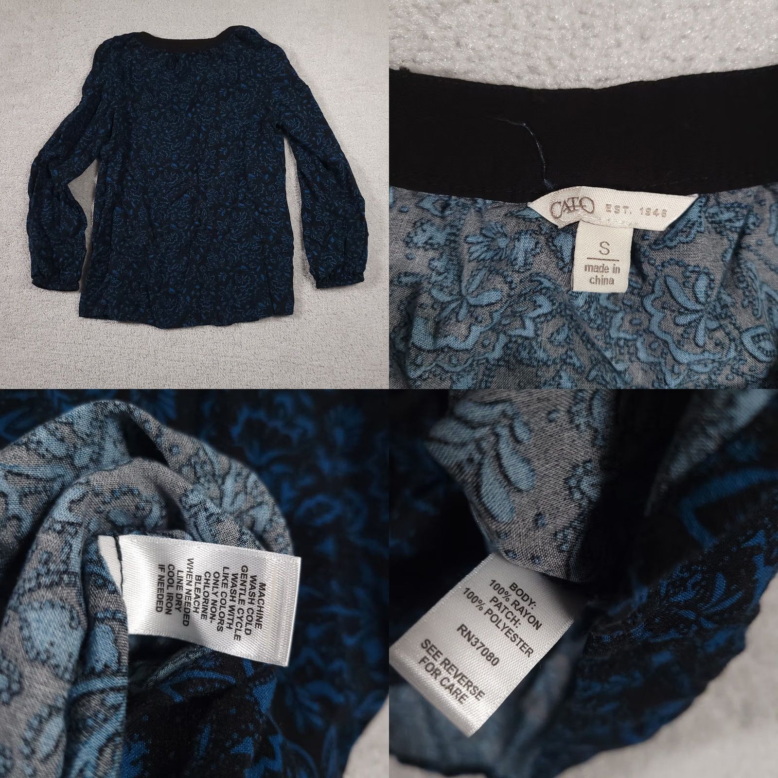 Vintage Cato Shirt Women's Small Blue Floral Long Balloon Sleeve V Neck Tunic Boho Size S / US 4 / IT 40 - 9 Thumbnail