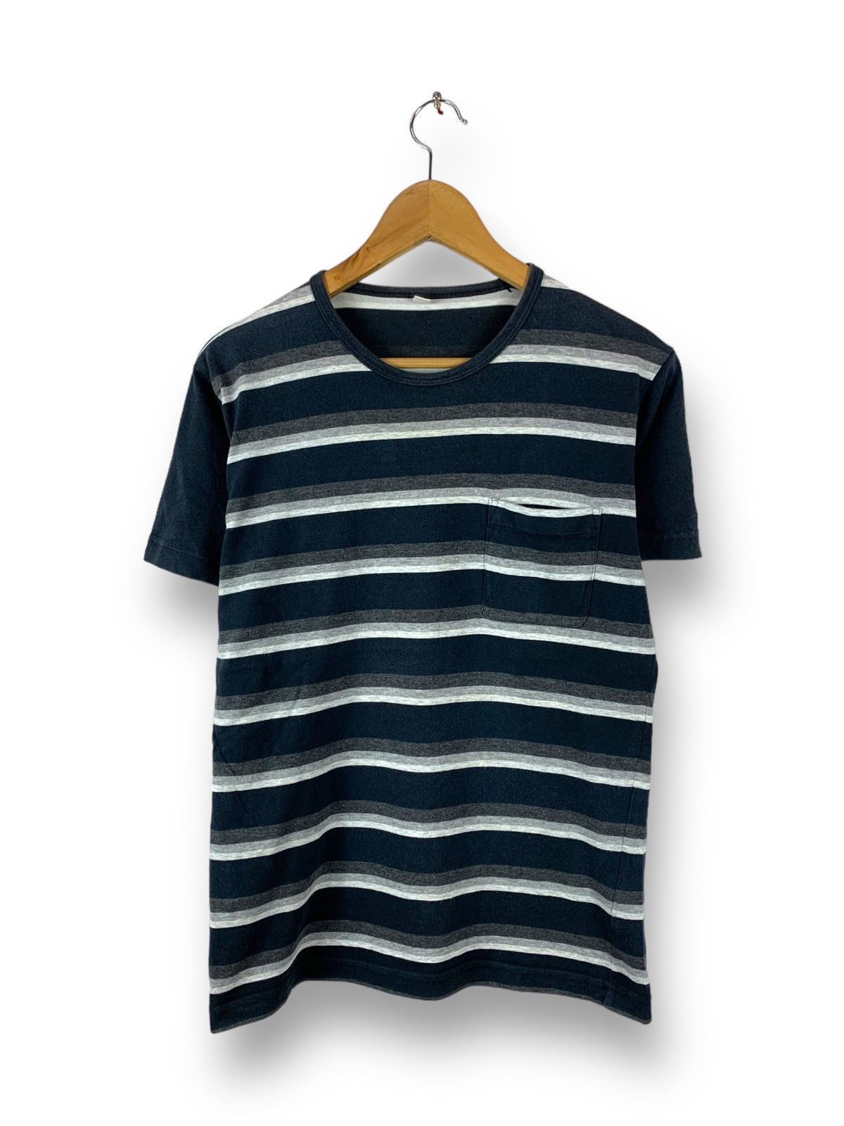 image of Steals! Uniqlo Stripes Pocket Tee Streetwear Minimalist in Navy, Men's (Size Medium)