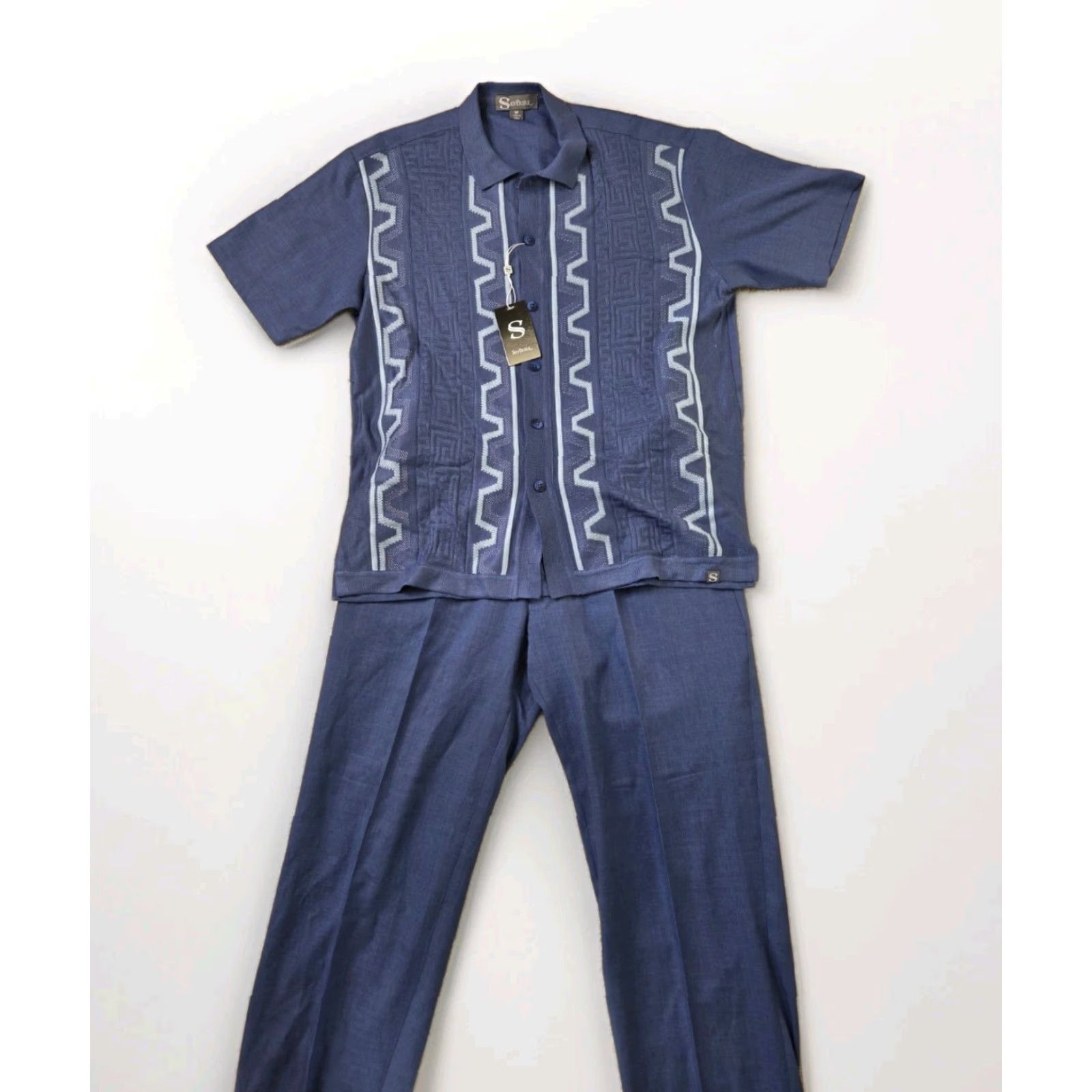Vintage NWT Silversilk Suit Two Piece Blue Silk Rayon Knit Geometric Pleated Front Trousers Men M Summer Regular City Classic 2 Piece Suit Size US M / EU 48-50 / 2 - 2 Thumbnail