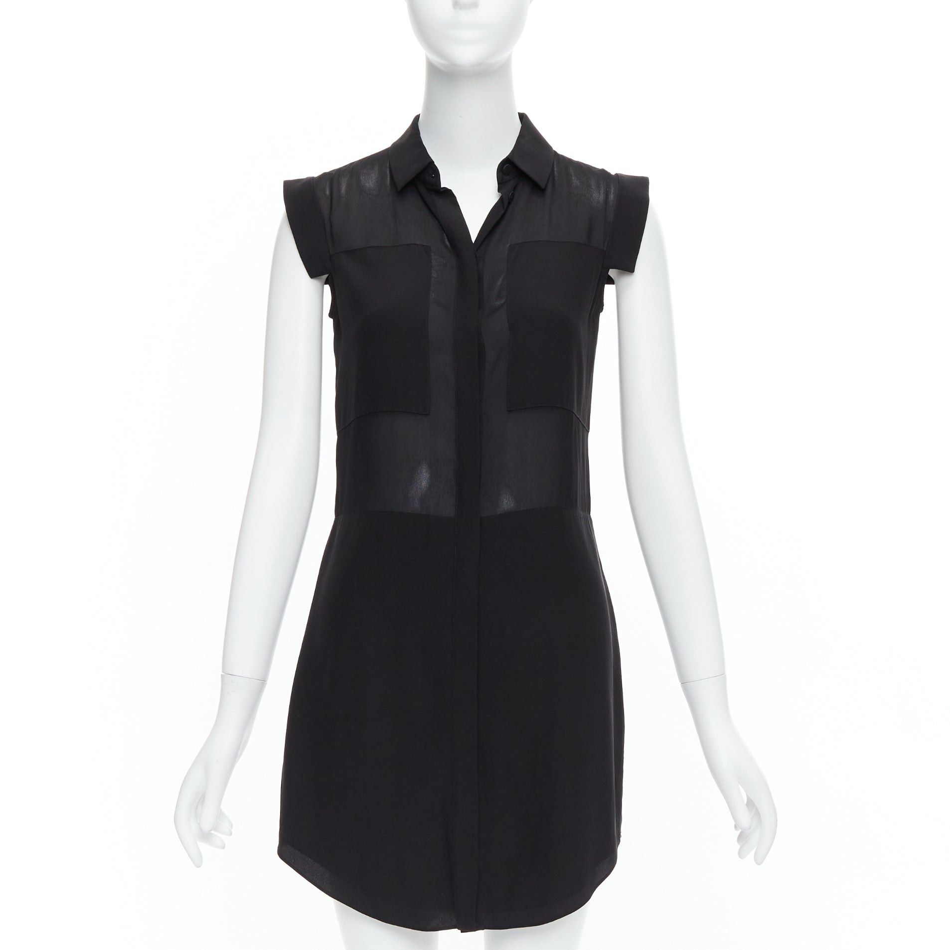 Alexander Wang T ALEXANDER WANG black sheer silk blend panelled cap sleeve button front dress XS Size S / US 4 / IT 40 - 1 Thumbnail