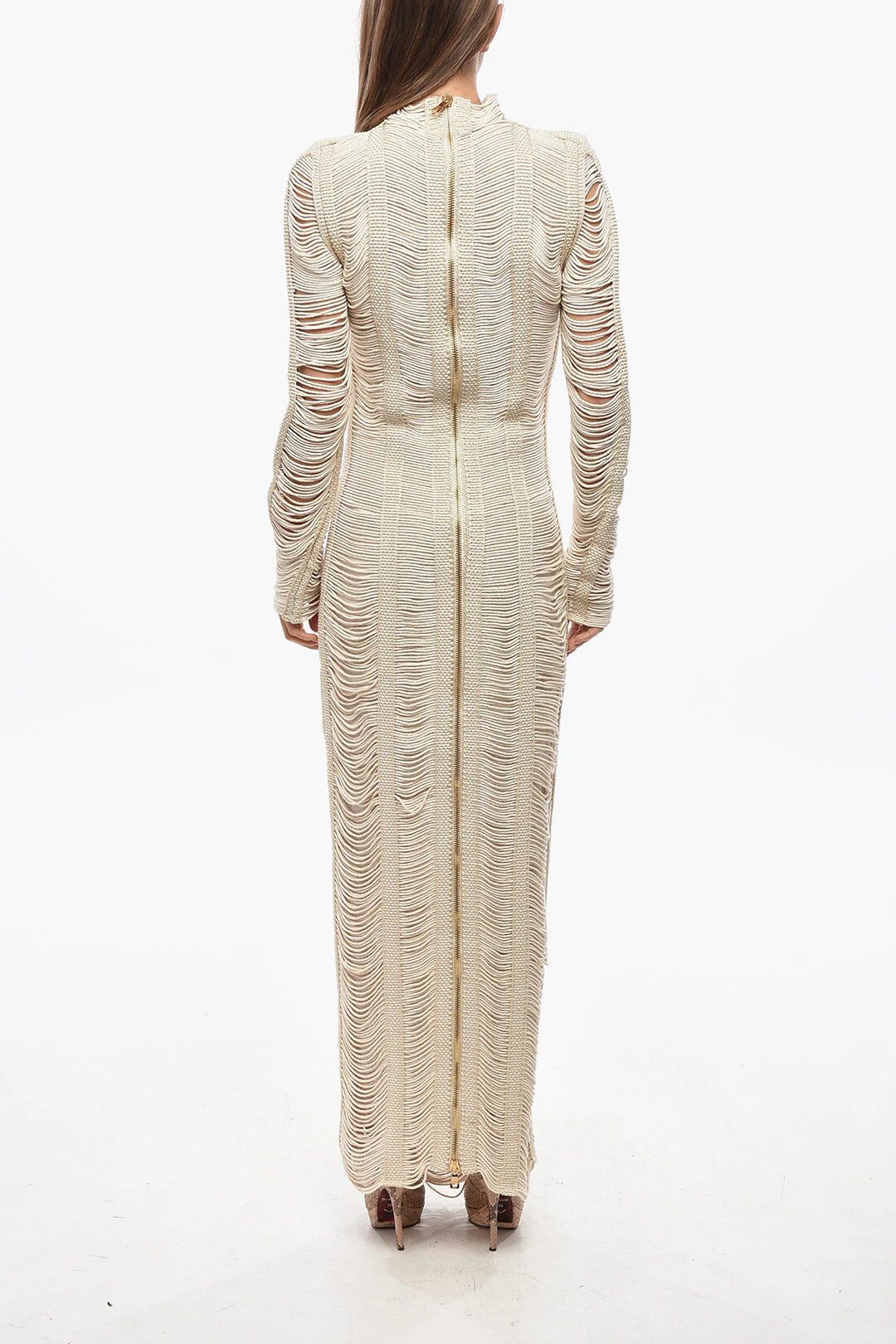Balmain og1mm0326 Maxi Fitted Macramé Dress in Beige Size S / US 4 / IT 40 - 3 Thumbnail