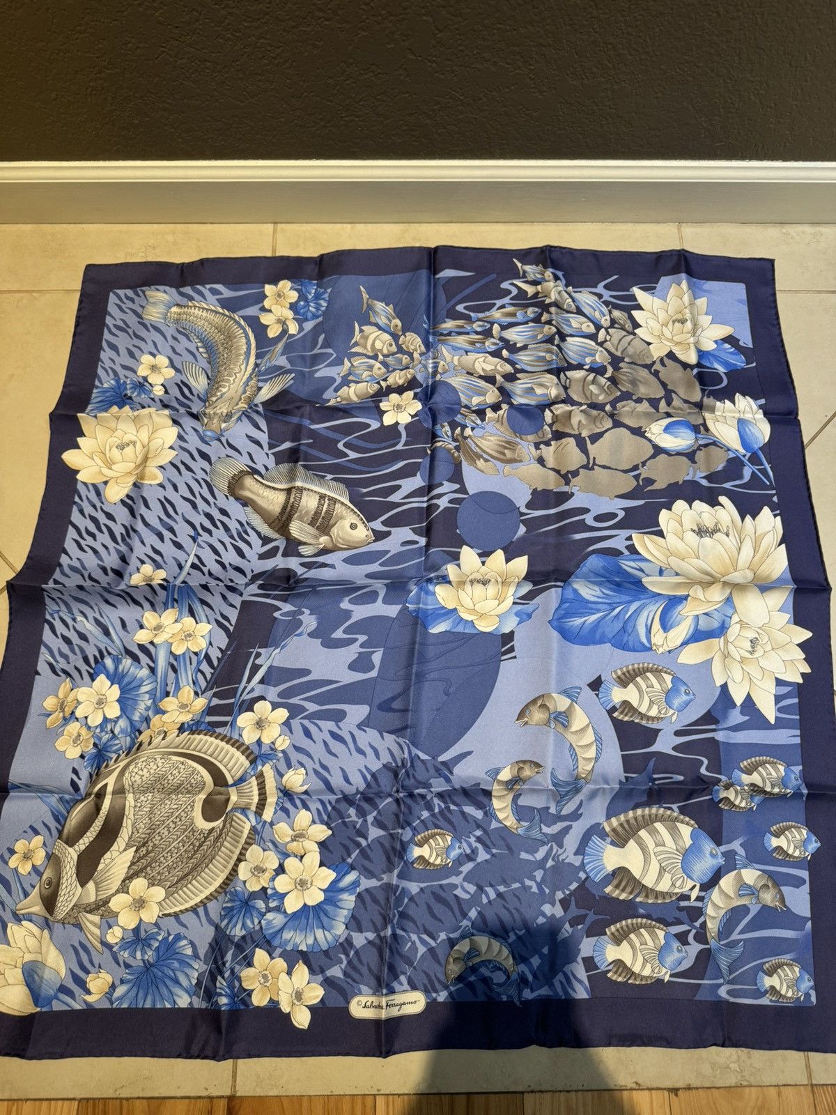 Salvatore Ferragamo Salvatore Ferragamo Blue Fish Sea Silk Scarf Size ONE SIZE - 2 Thumbnail