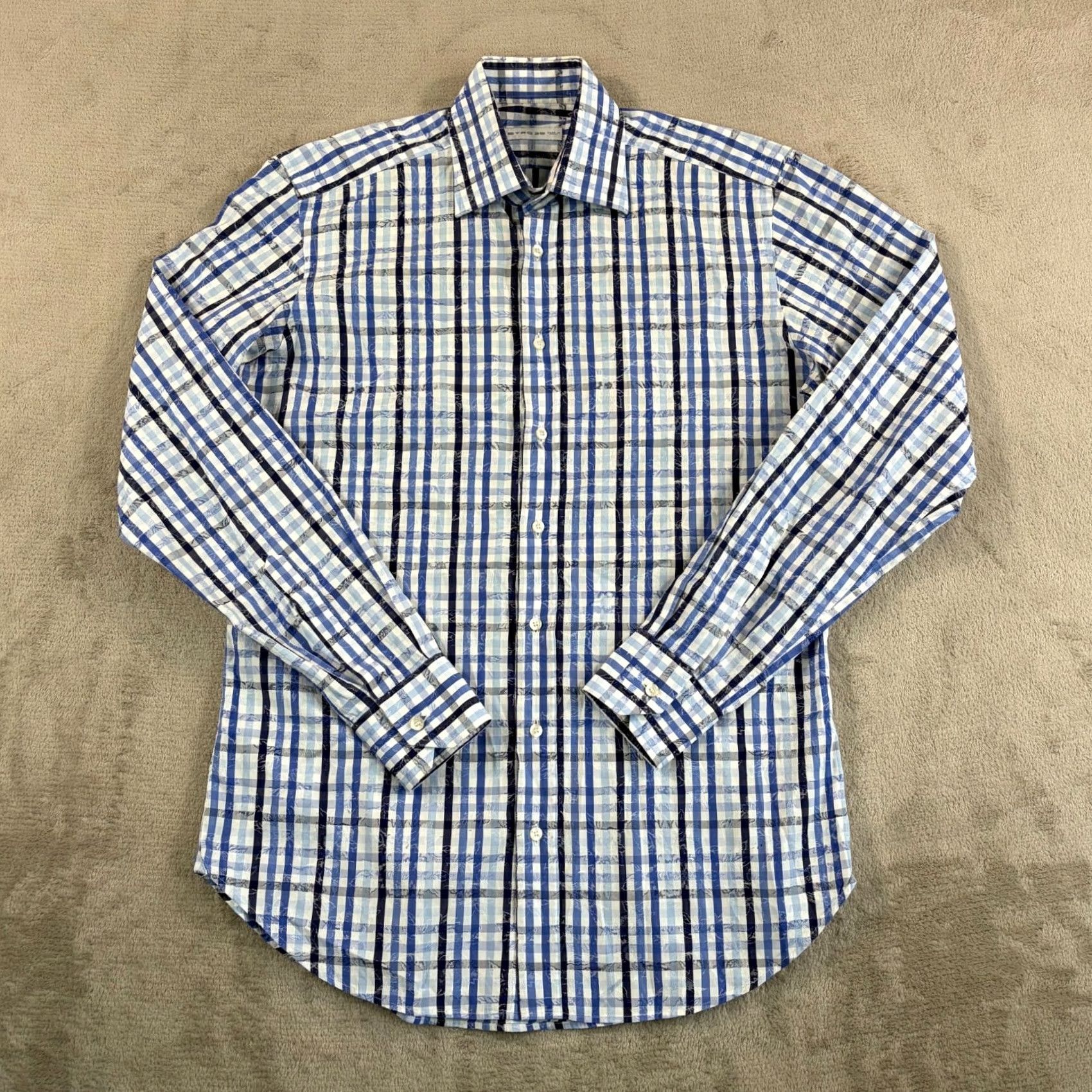 Etro ETRO Dress Shirt Men 39 Blue Plaid Floral Jacquard Made Italy Designer NWOT Size 40R - 3 Thumbnail