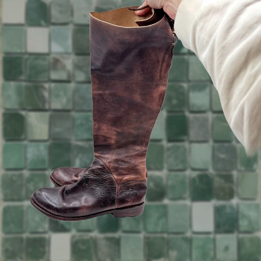 Bed Stu Bed Stu Manchester Boots 9.5 Leather Knee High Riding Boot Brown Black Distressed Zip Leather Shaft Regular Calf Women Block Heel Vintage No N/A Size US 10 / IT 40 - 1 Thumbnail
