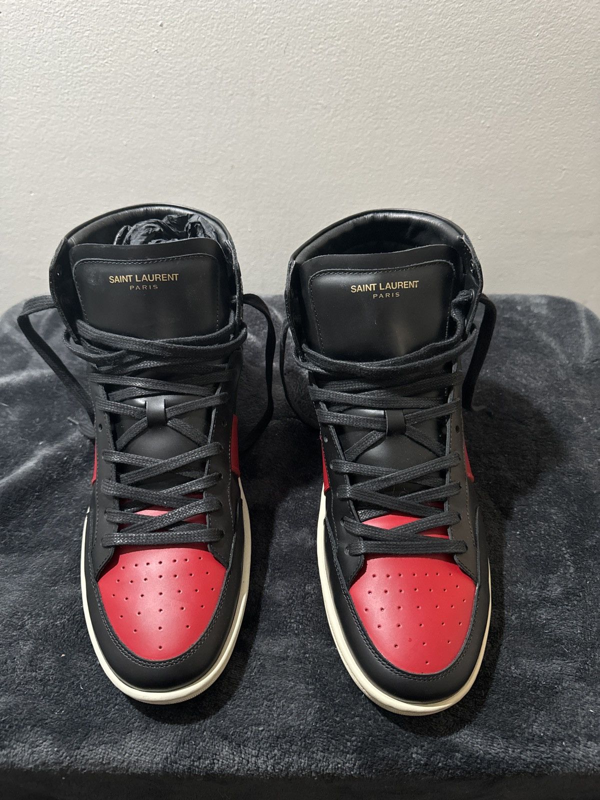 image of Saint Laurent Paris x YVES Saint Laurent Hi Top Alpha Sigma Shoes in Black/Red, Men's (Size 11)