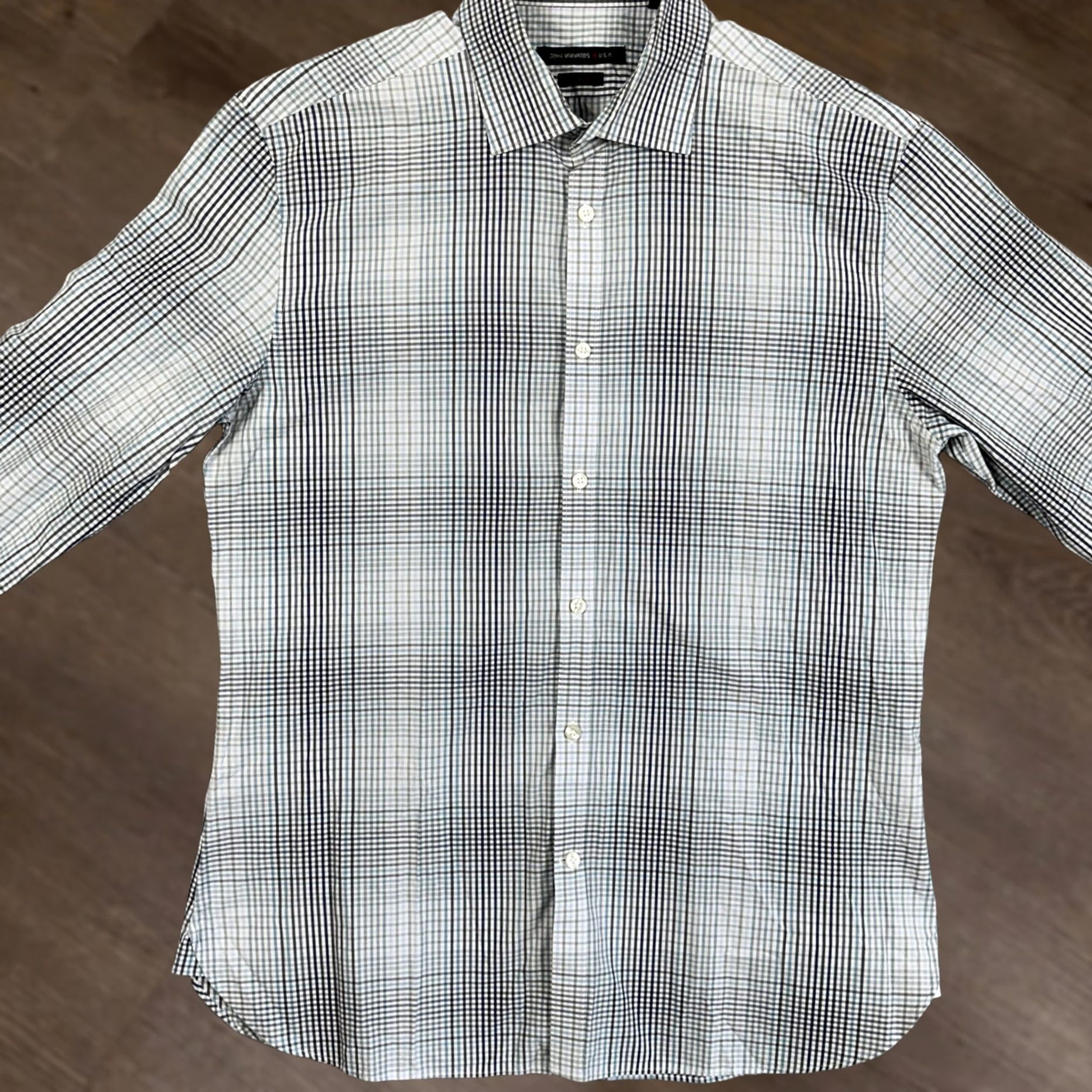John Varvatos John Varvatos USA Dress Shirt Mens 16 34-35 White Gray Blue Plaid Long Sleeve Shirt Mens Regular Cotton 100% Size 42R - 1 Thumbnail