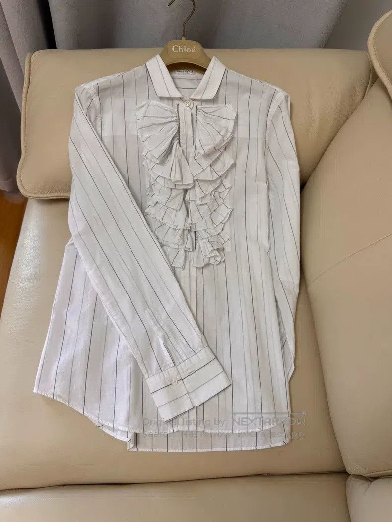 Brunello Cucinelli Brunello Cucinelli White Striped Ruffle Shirt Size M / US 6-8 / IT 42-44 - 2 Thumbnail