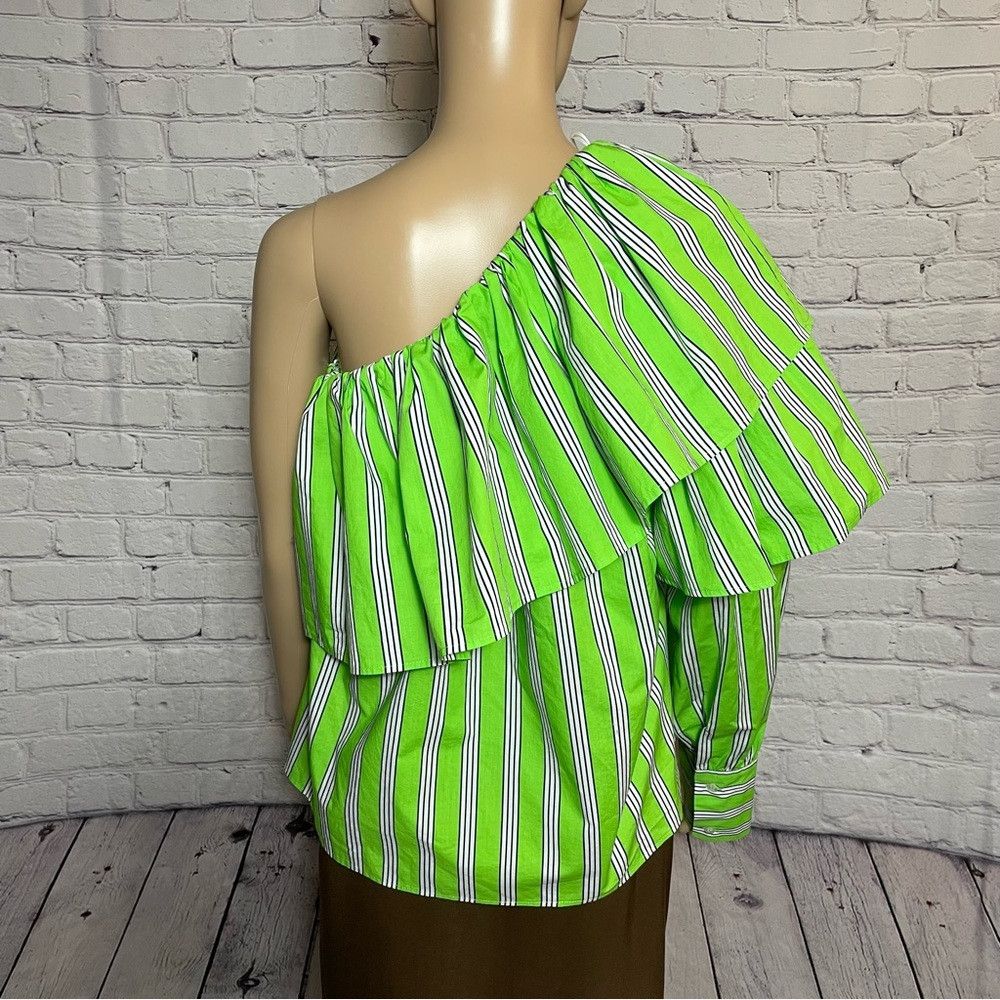 MSGM New MSGM Neon Striped Ruffle Cotton One Shoulder Top Blouse Size M / US 6-8 / IT 42-44 - 6 Thumbnail