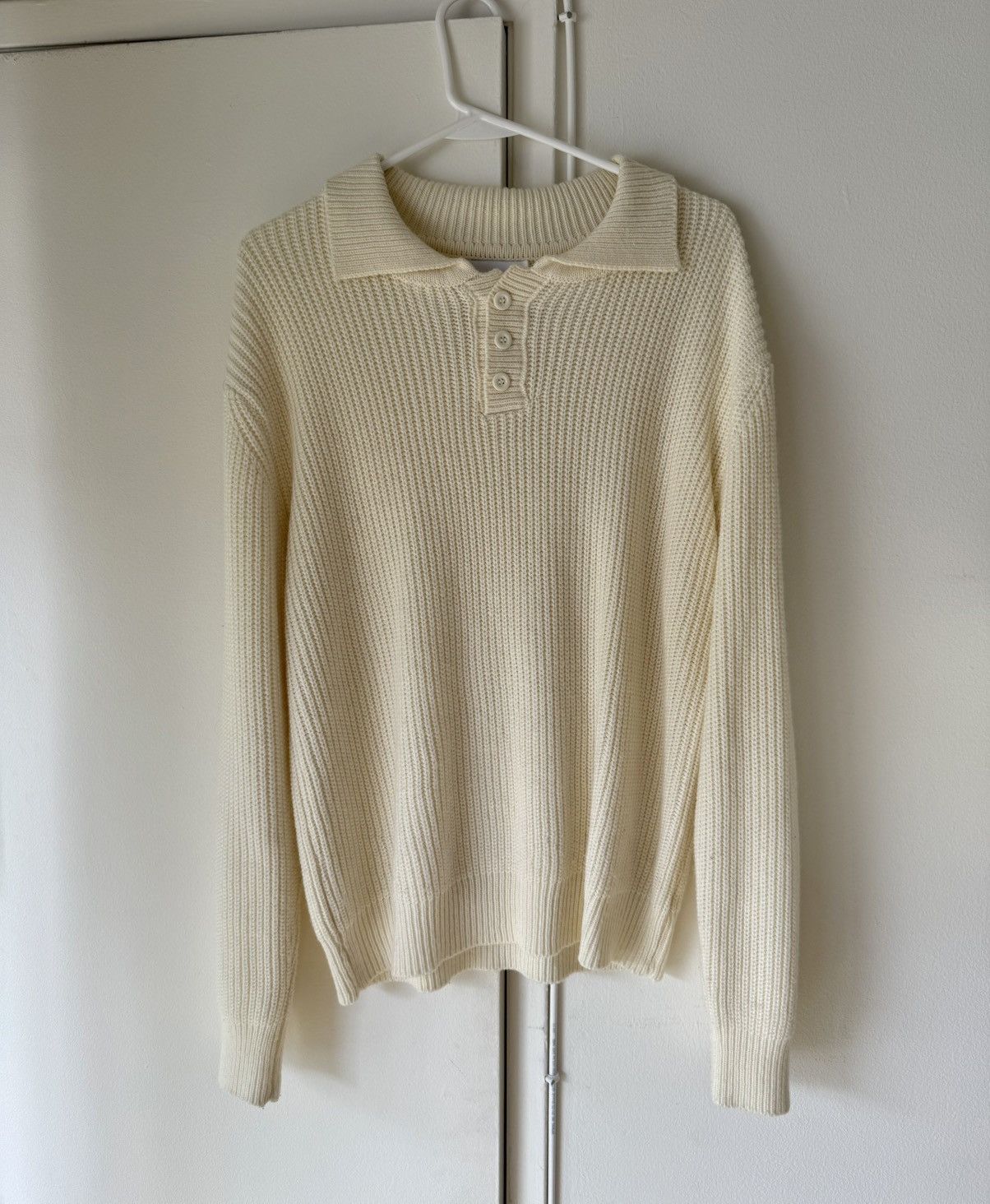 Cream Thick Knit Cotton Collared Sweater