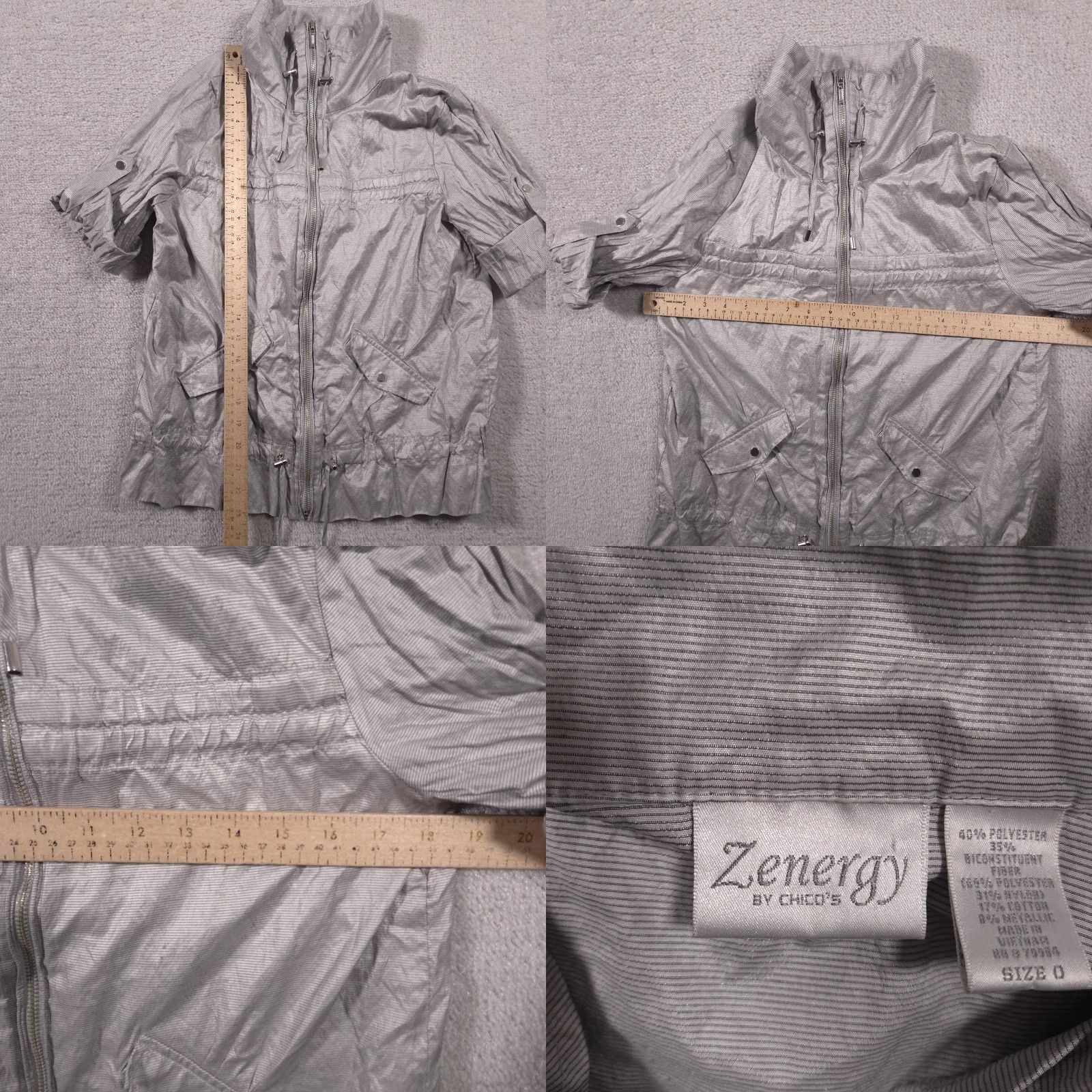 Vintage Zenergy Chico's Jacket Womens 0 Silver Short Sleeve Zip Front Drawstring Windbreaker Shoes? Size 25" / US 0 / IT 36 - 8 Thumbnail