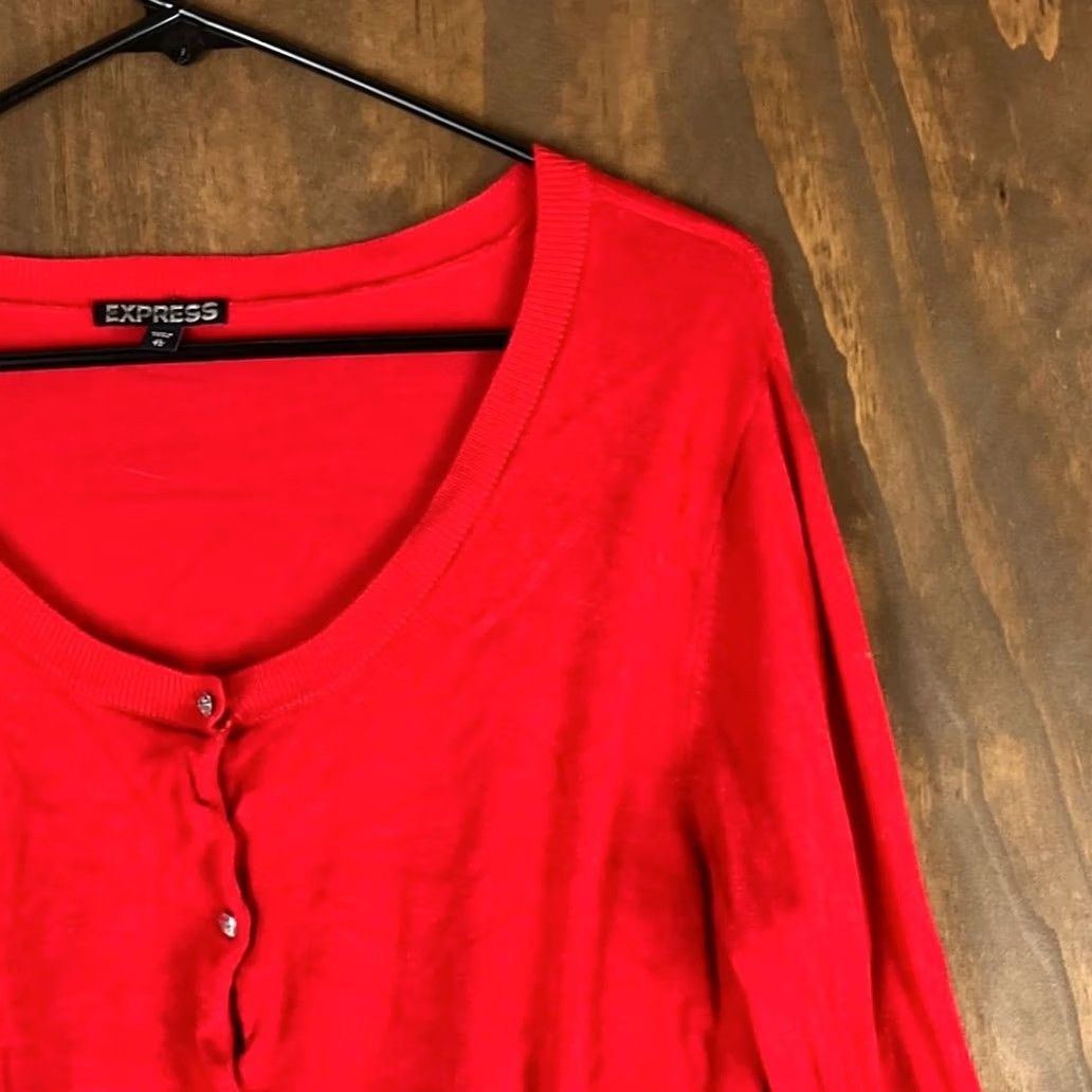 Express Express Womens Cardigan Sweater Red Diamond Button Front Long Sleeve Stretch XL Cardigan Knit Solid Crew Neck Women’s - Casual Workwear Size XL / US 12-14 / IT 48-50 - 5 Thumbnail