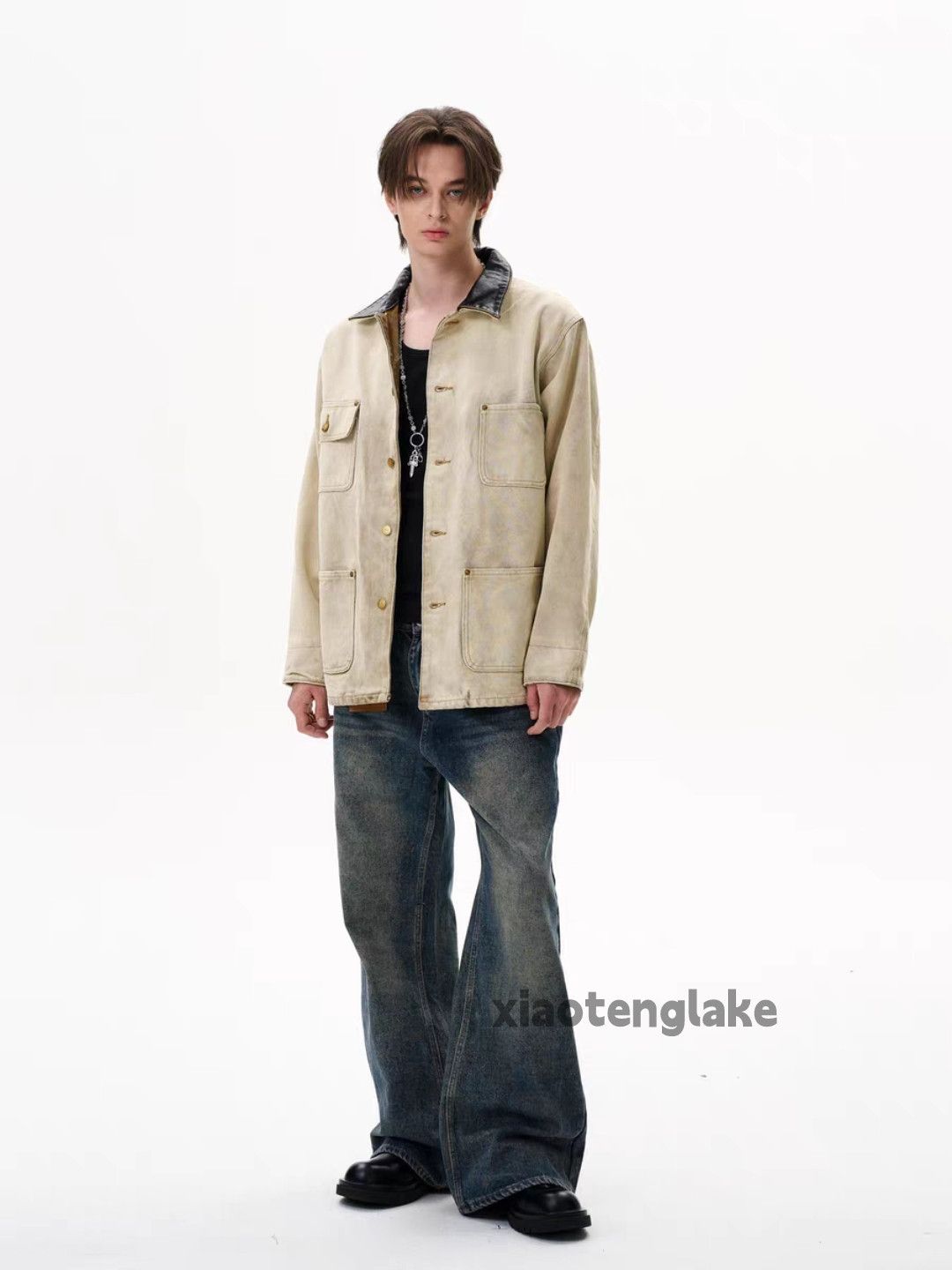 Unisex washed faded loose punk hiphop work jacket