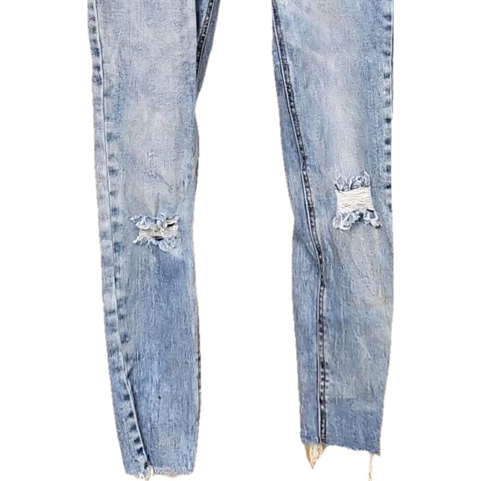 Vintage Crystal Rock Skinny Jeans Juniors 13 Women Denim Blue Light Wash Distressed Raw Hem Stretch Mid Rise Regular Inseam 26 in Button Zip 26W Size 34" / US 12 / IT 48 - 3 Thumbnail