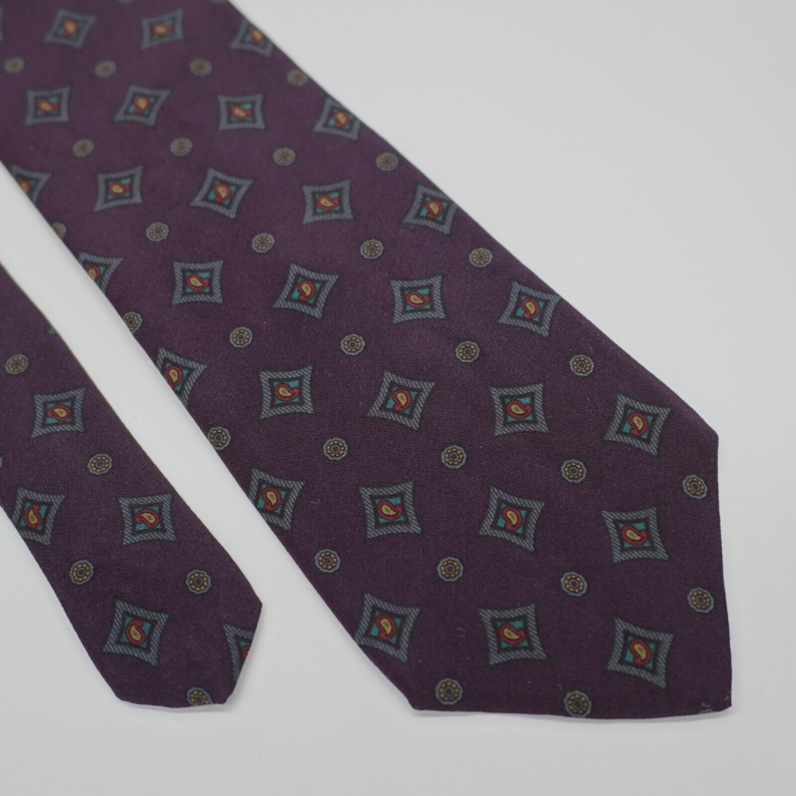 Designer Damon Purple Geometric Paisley Print Short Silk Tie Size ONE SIZE - 1 Thumbnail