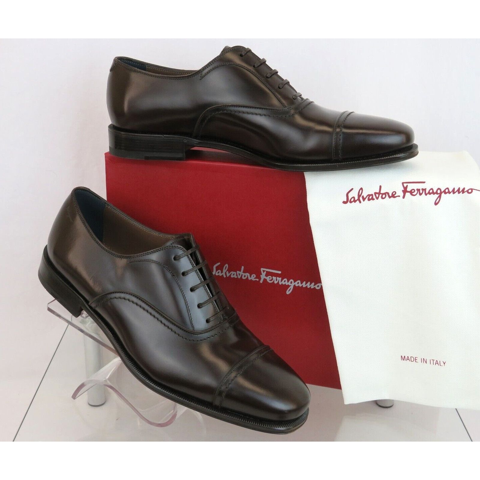 Salvatore Ferragamo SEUL DARK BROWN POLISHED LEATHER CAP TOE LOGO OXFORDS 12 D Size US 13 / EU 46 - 4 Thumbnail