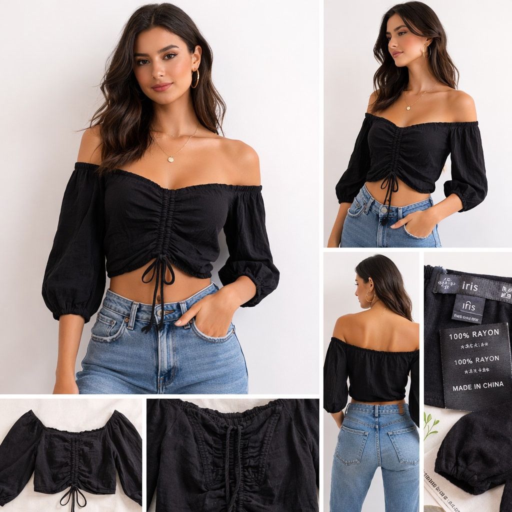 Other Iris Black Off Shoulder Crop Top Puff Sleeve Ruched Sz S Size S / US 4 / IT 40 - 1 Thumbnail