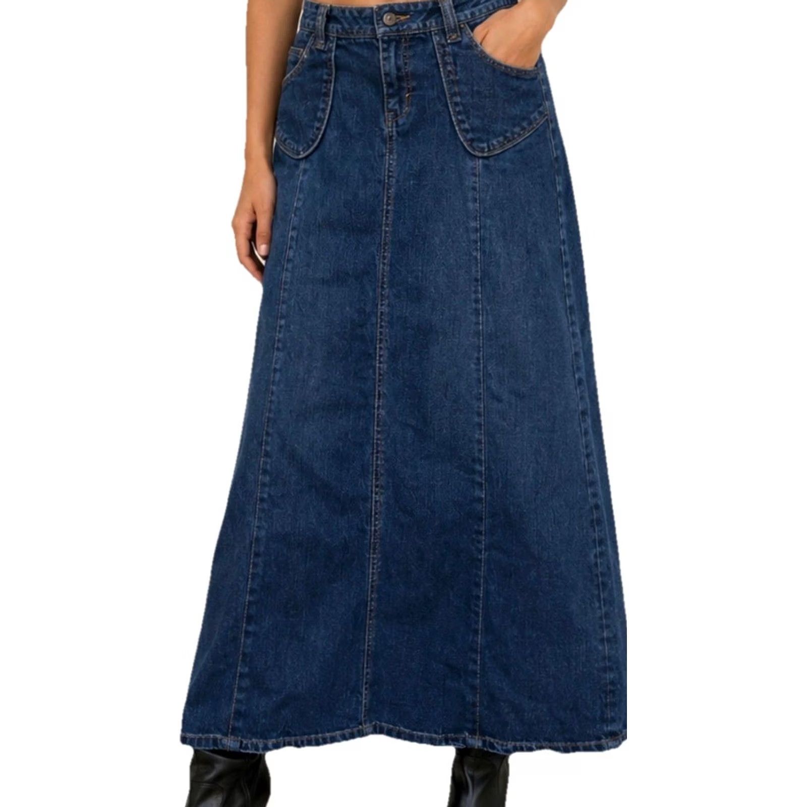 Denime Quizz New York Dark Denim Midi Stretch Skirt Women 7/8 Blue Zipper Button Casual Vintage? Size 28" / US 6 / IT 42 - 2 Thumbnail