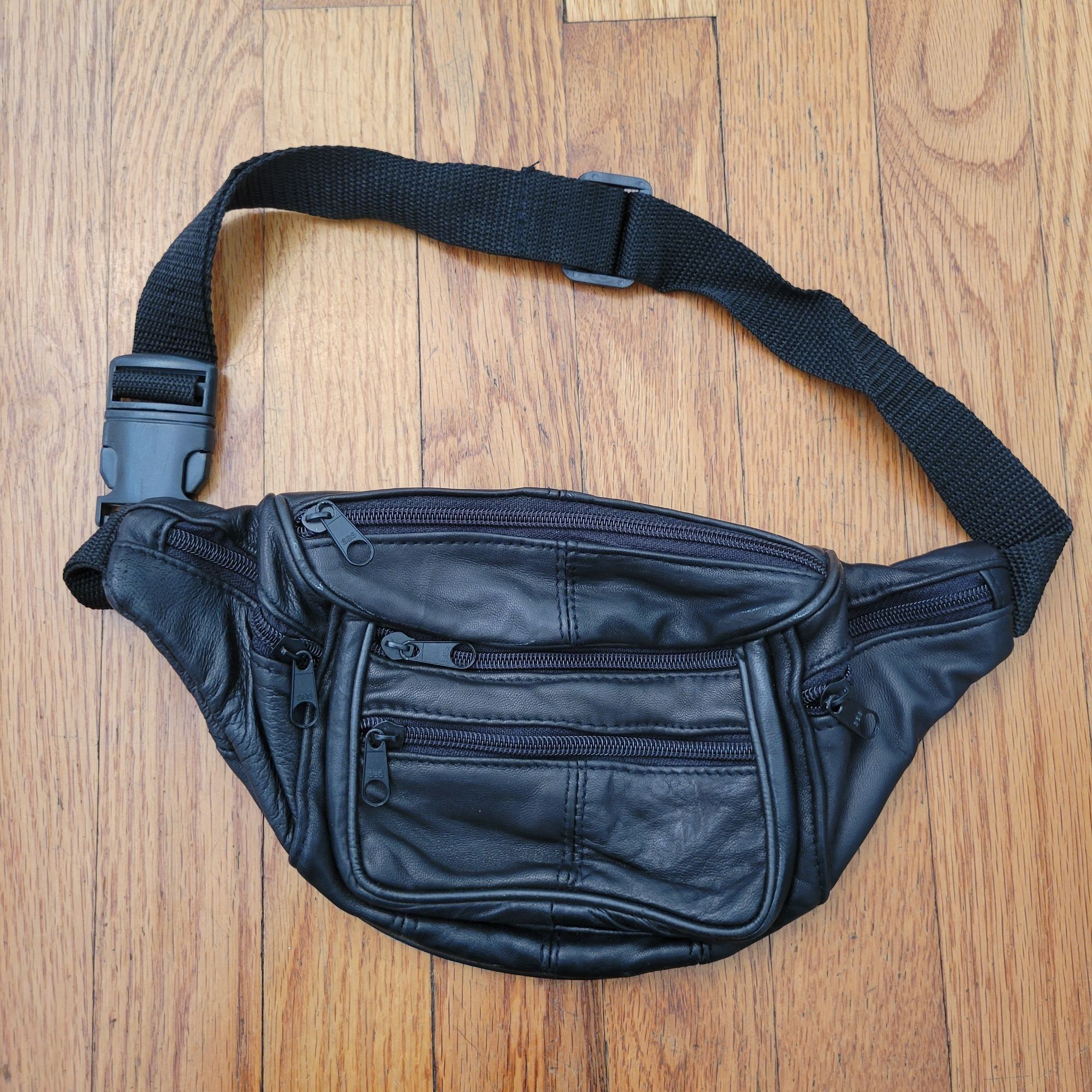 Other Black Leather Waist Fanny Pack Bum Bag Multiple Zipper Pocke Size ONE SIZE - 1 Thumbnail
