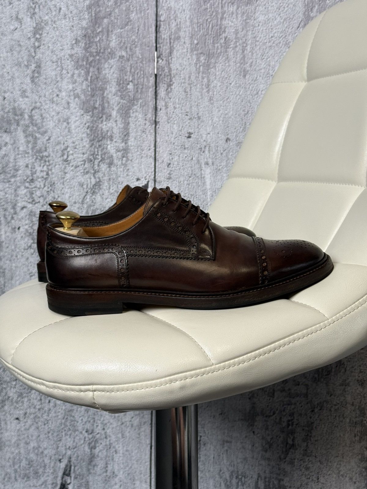 Gucci Gucci Men's Brown Leather Cap-Toe Semi-Brogue Derby Shoes Size US 10.5 / EU 43-44 - 8 Thumbnail