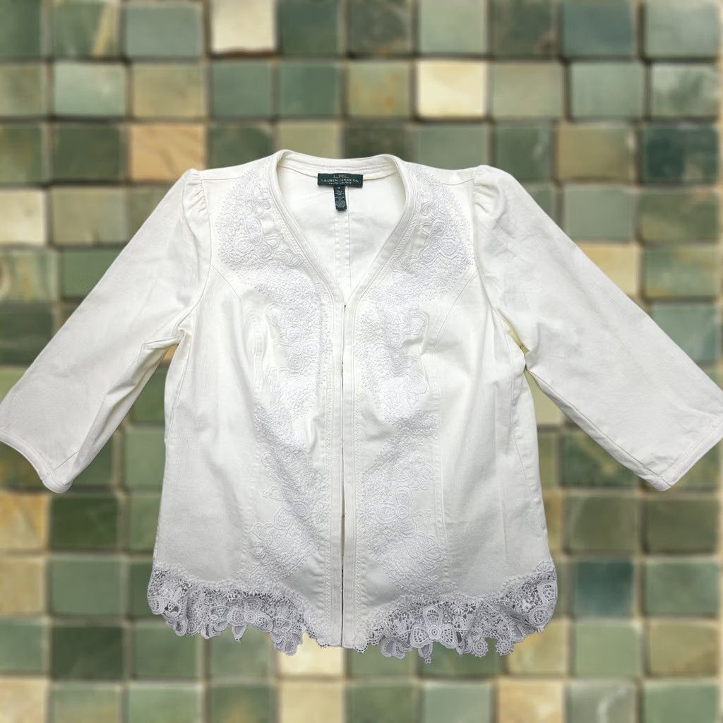 Ralph Lauren Lauren Ralph Lauren White Denim Eyelet Jacket 1X Floral Embroidered Jacket Woman Bohemian Size XL / US 12-14 / IT 48-50 - 1 Thumbnail