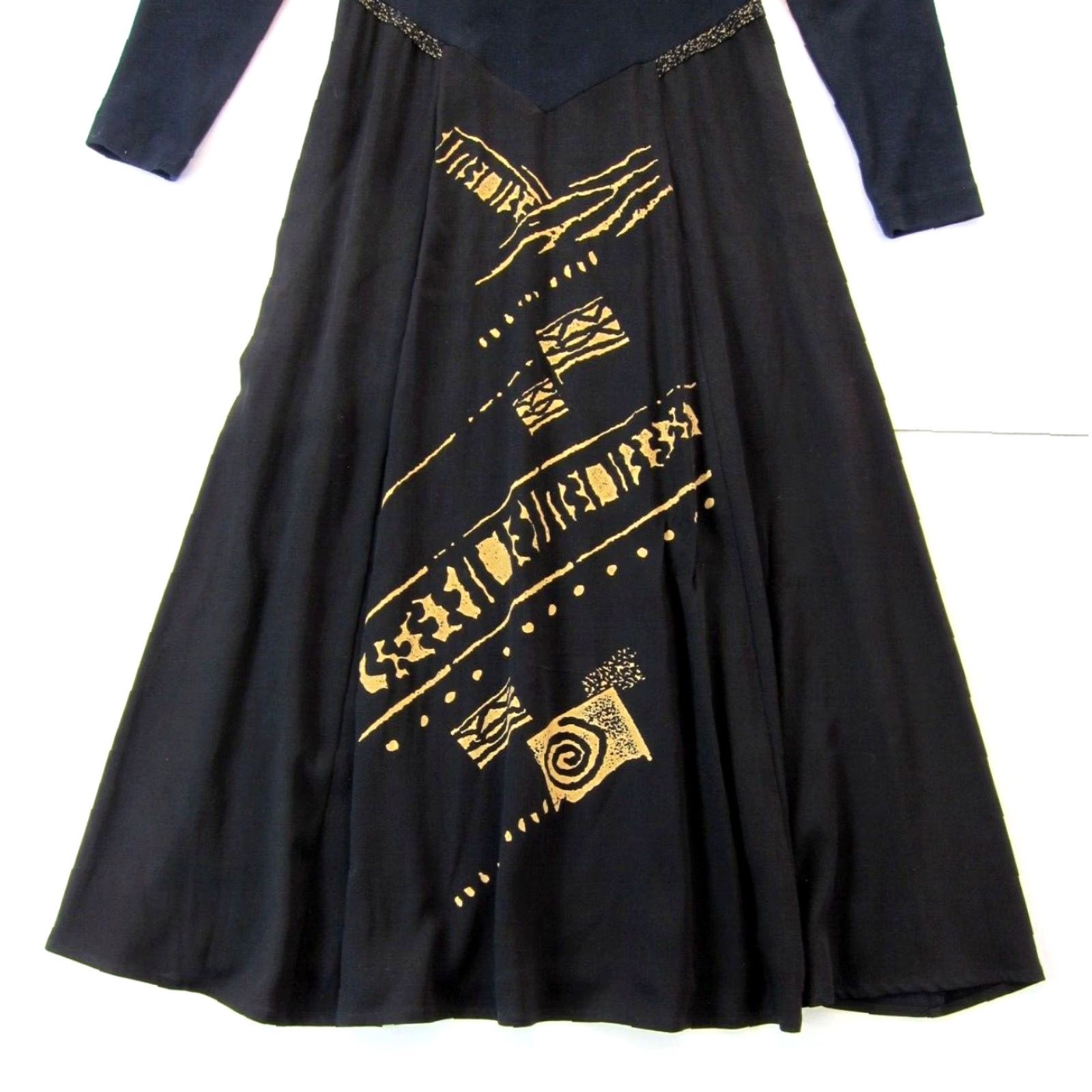 Vintage VINTAGE K.D. Spring Black Gold Cotton Stretch Long Sleeve Long Maxi Dress S Size S / US 4 / IT 40 - 7 Thumbnail