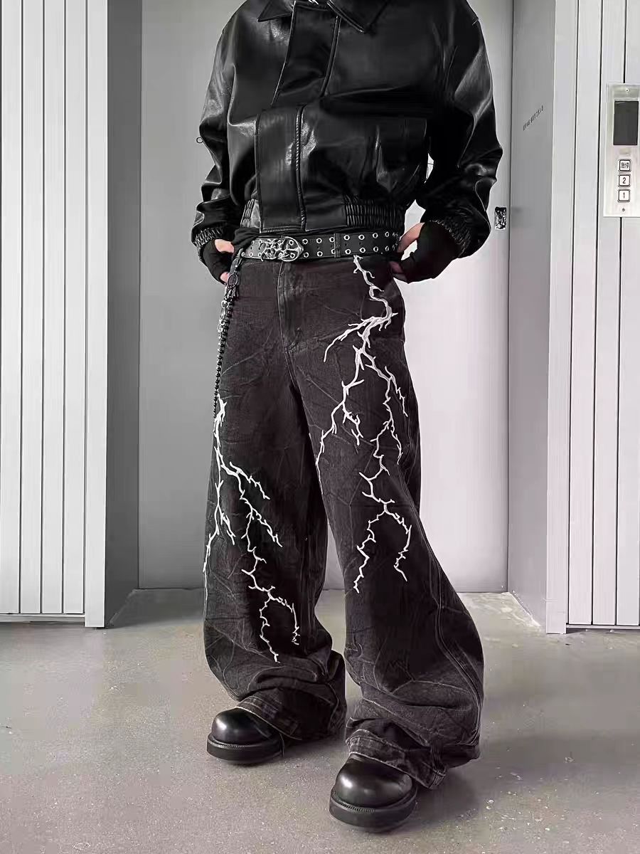 Vintage High Street Lightning Embroidered Y2K Hip Hop Baggy Jeans Size US 30 / EU 46 - 1 Thumbnail