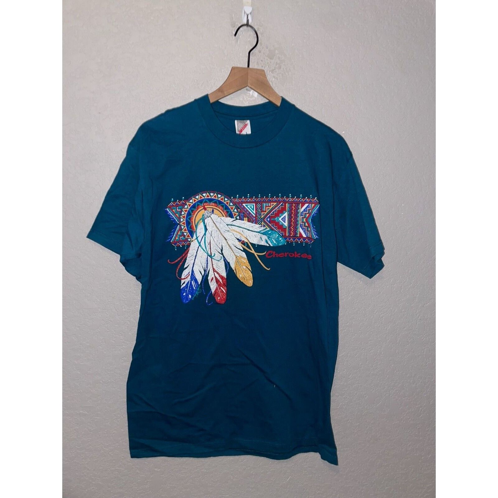Jerzees Vintage Cherokee Shirt Native American Drum Tee Green 90s L Size US L / EU 52-54 / 3 - 1 Thumbnail