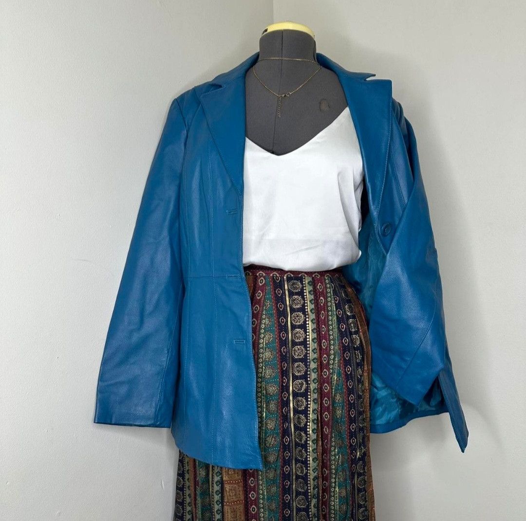 Worthington Women's Blue Genuine Leather Jacket Size L / US 10 / IT 46 - 2 Thumbnail