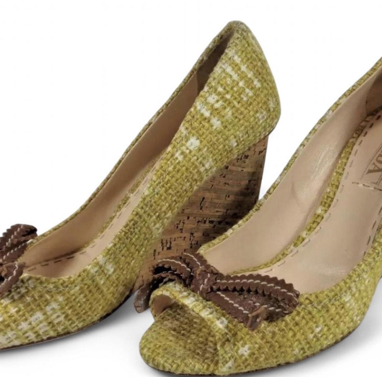 Prada Prada women's chartreuse/white tweed open toe wedge Size US 7.5 / IT 37.5 - 3 Thumbnail