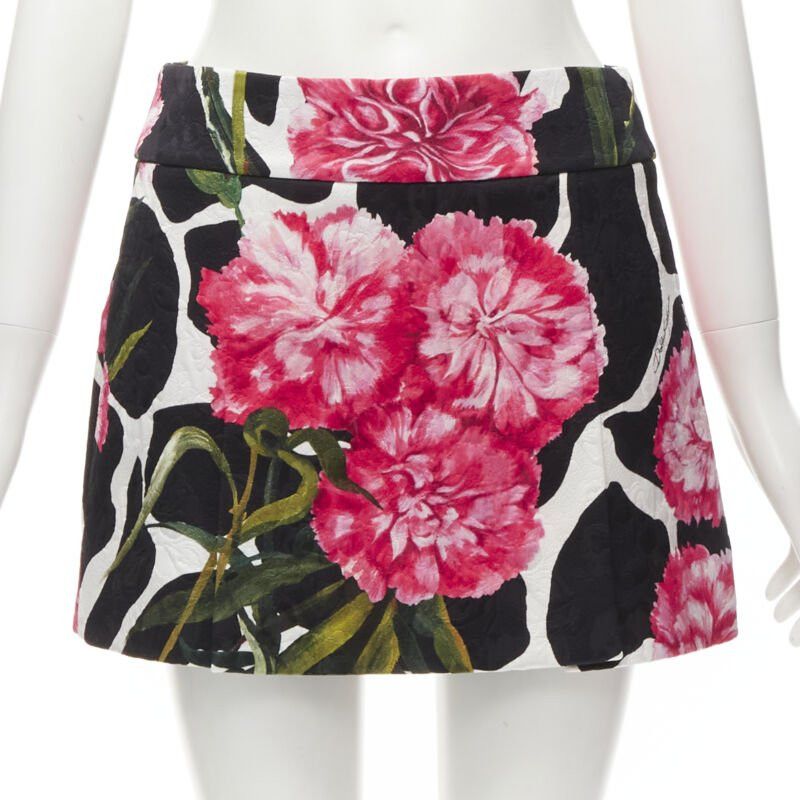 Dolce & Gabbana DOLCE GABBANA black pink carnation floral print jacquard mini skirt IT38 XS Size 26" / US 2 / IT 38 - 1 Thumbnail
