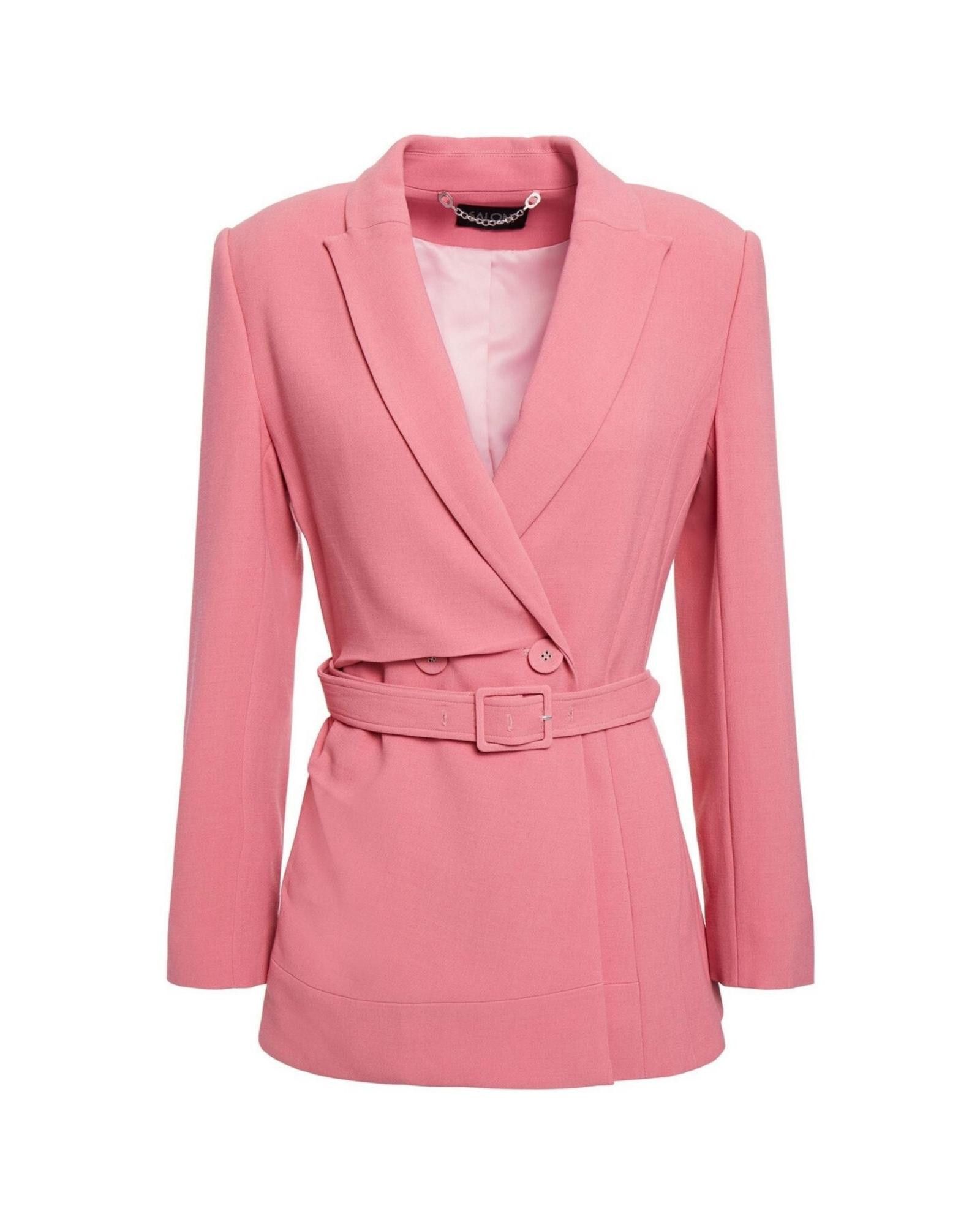 Image of Saloni Double-Breasted Belted Crepe Blazer With Shoulder Pads in Pink/Rose, Women's (Size XS)