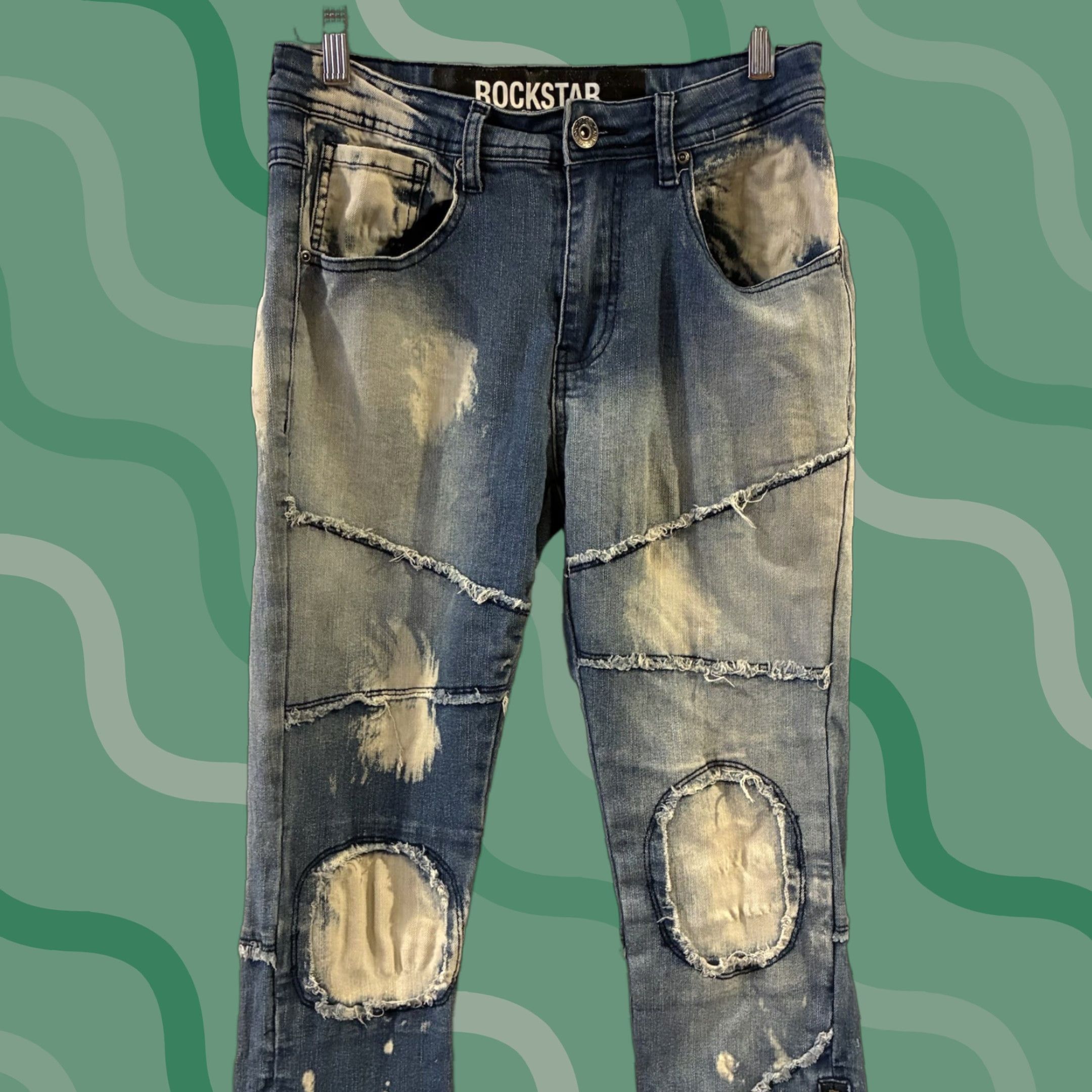 Vintage Rockstar Original Light Blue Distressed Patchwork Denim Jeans Slim 28 Men Jeans Size US 28 / EU 44 - 1 Thumbnail