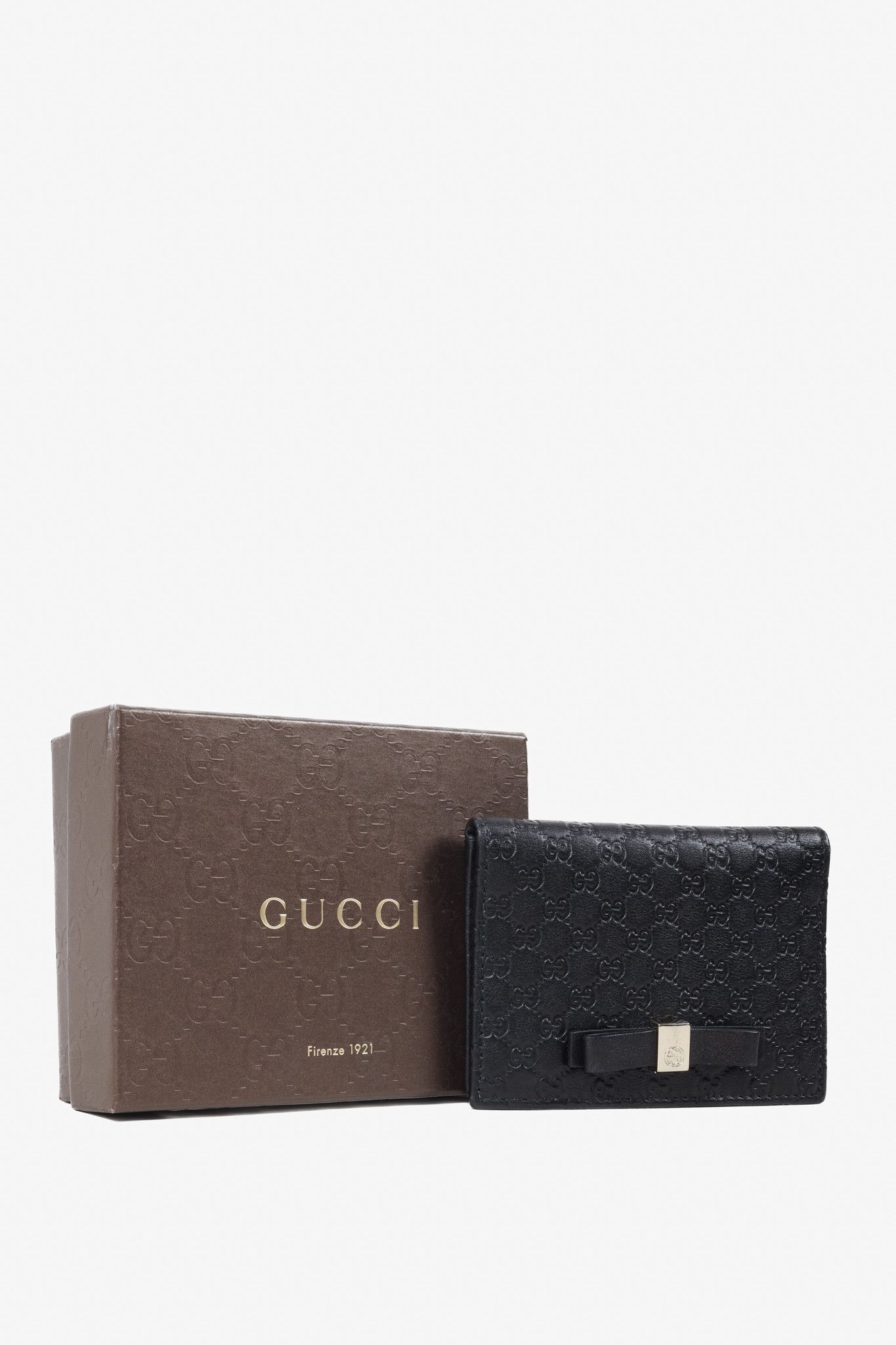 image of Gucci Black Guccissima Embossed Leather Bow Card Holder, Women's
