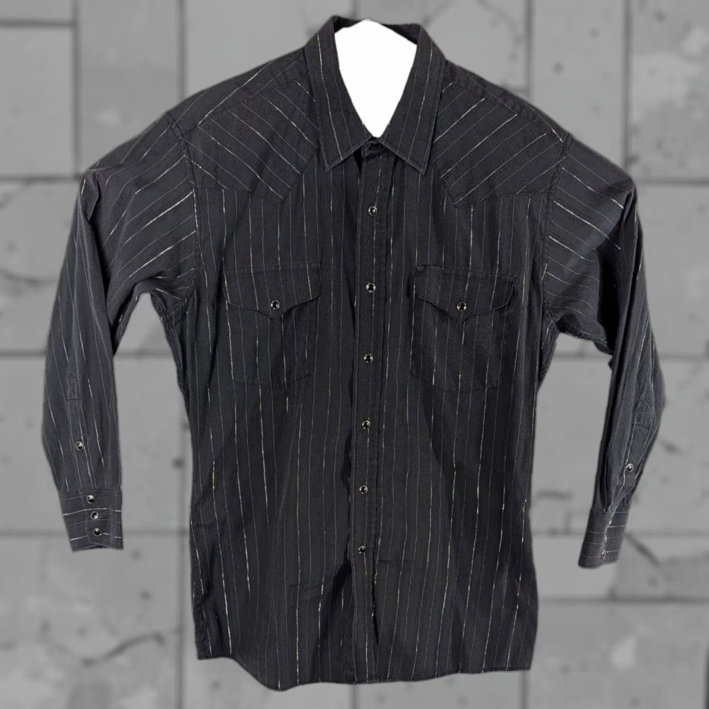 VINTAGE Panhandle Slim Pearl Snap Western Shirt Black Silver Stripes Mens 16-30 M-L Shirt Mens L Black Striped Western Cowboy Jacket Style