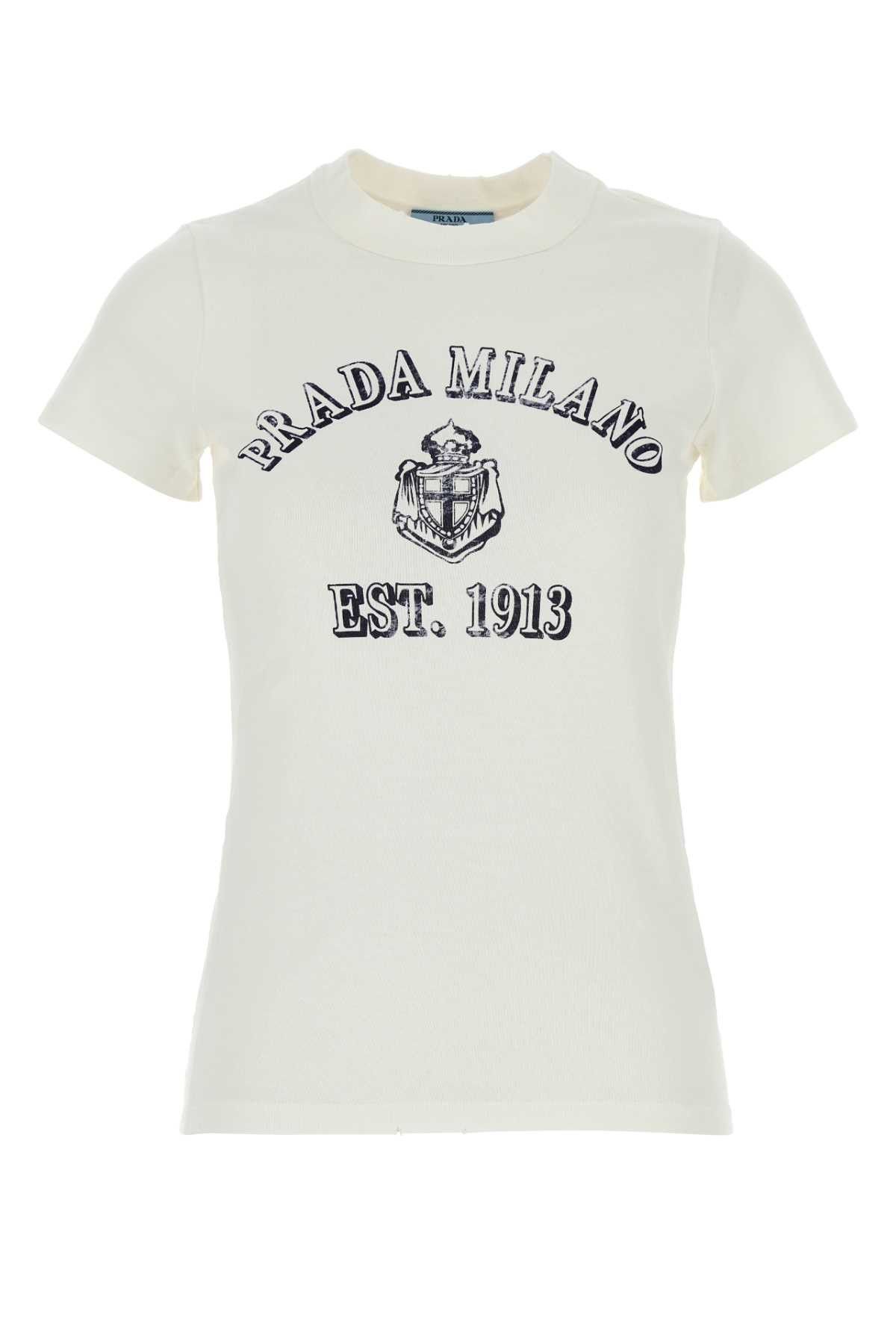 Prada White Cotton T-Shirt Size L / US 10 / IT 46 - 1 Thumbnail