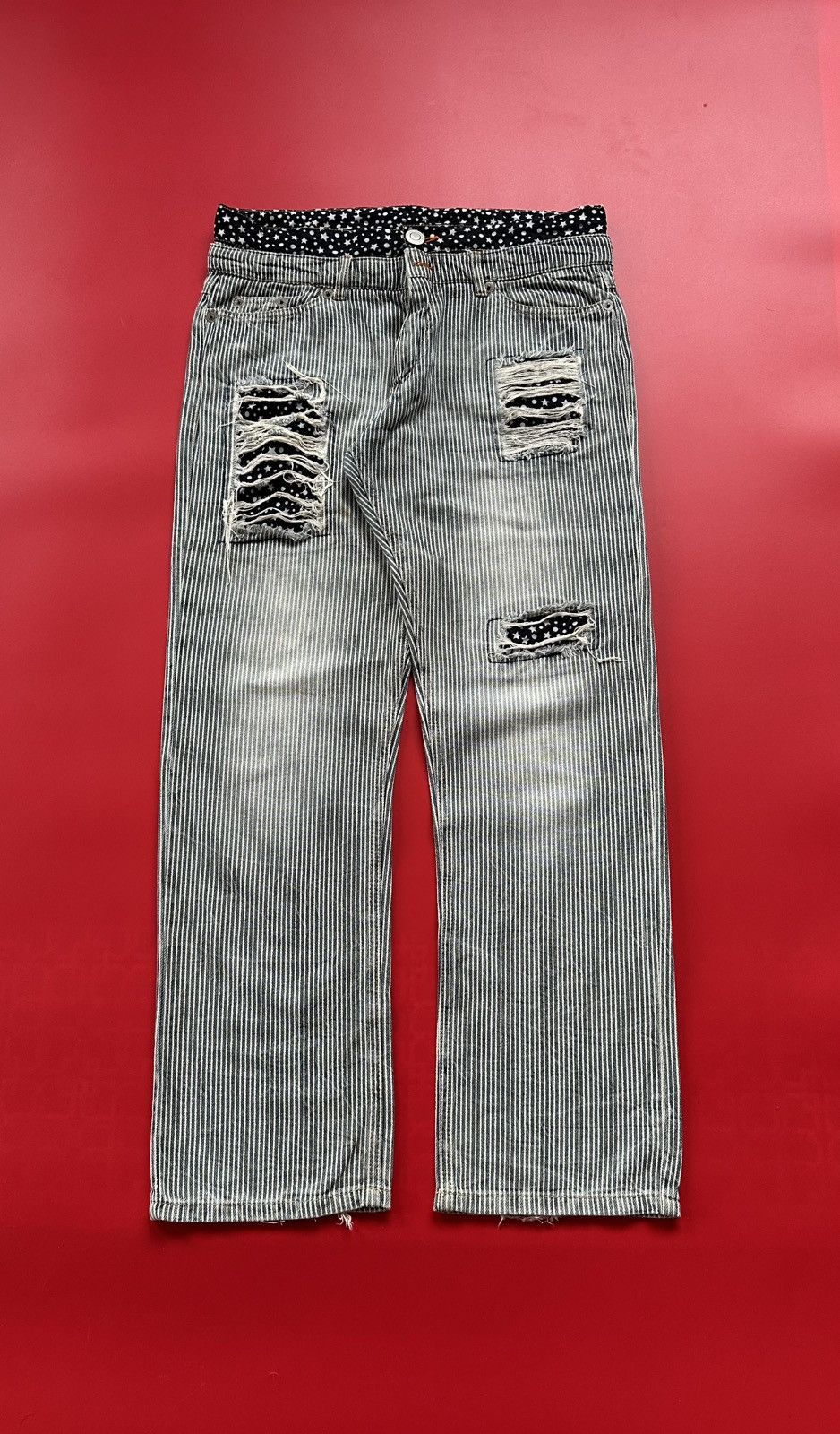 Japanese Brand Railroad Stripe Double Waist Patchwork Unbrand Jeans Size US 33 - 4 Thumbnail